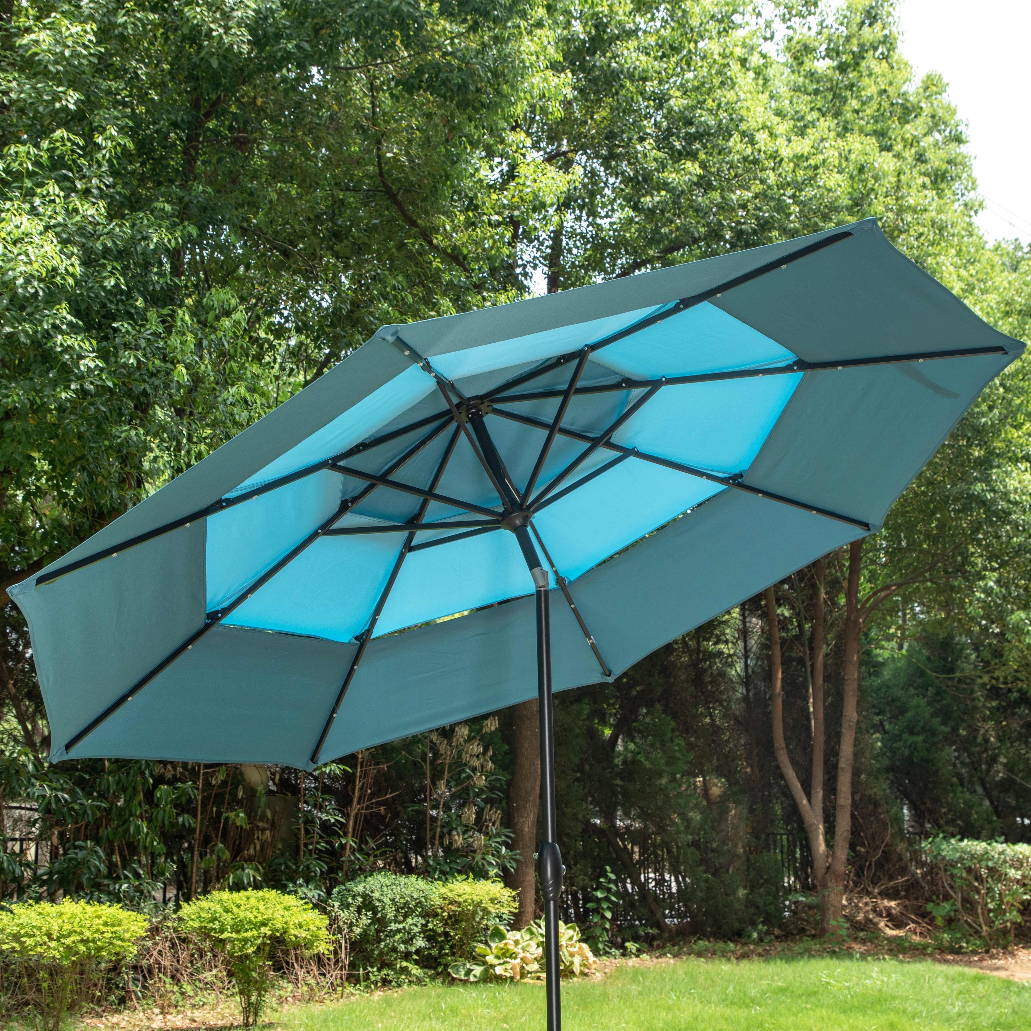 MAISON ARTS 10ft 3 Tier Auto-tilt Patio Umbrella Outdoor Double Vented Umbrella with LED Lights