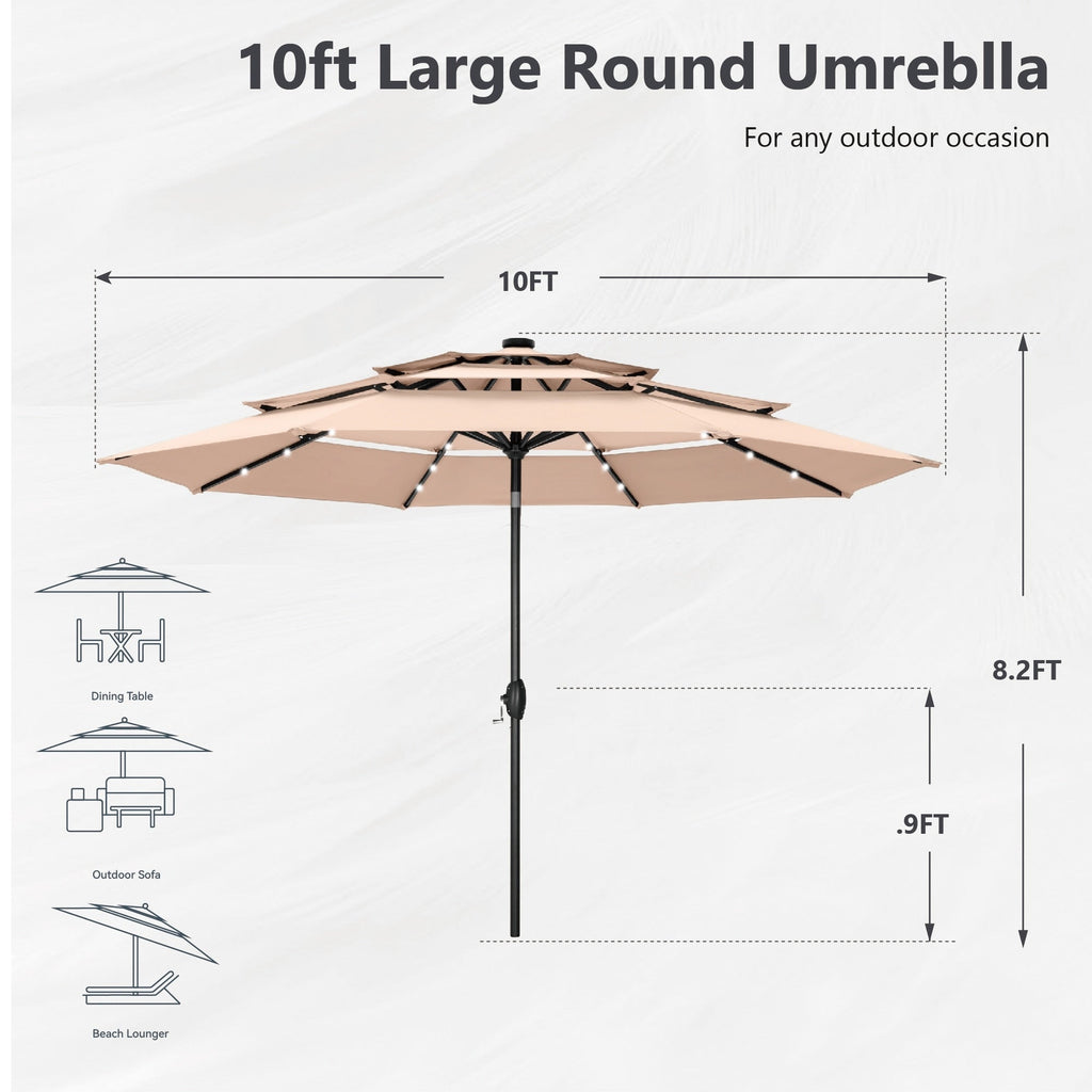 MAISON ARTS 10ft 3 Tier Auto-tilt Patio Umbrella Outdoor Double Vented Umbrella with LED Lights