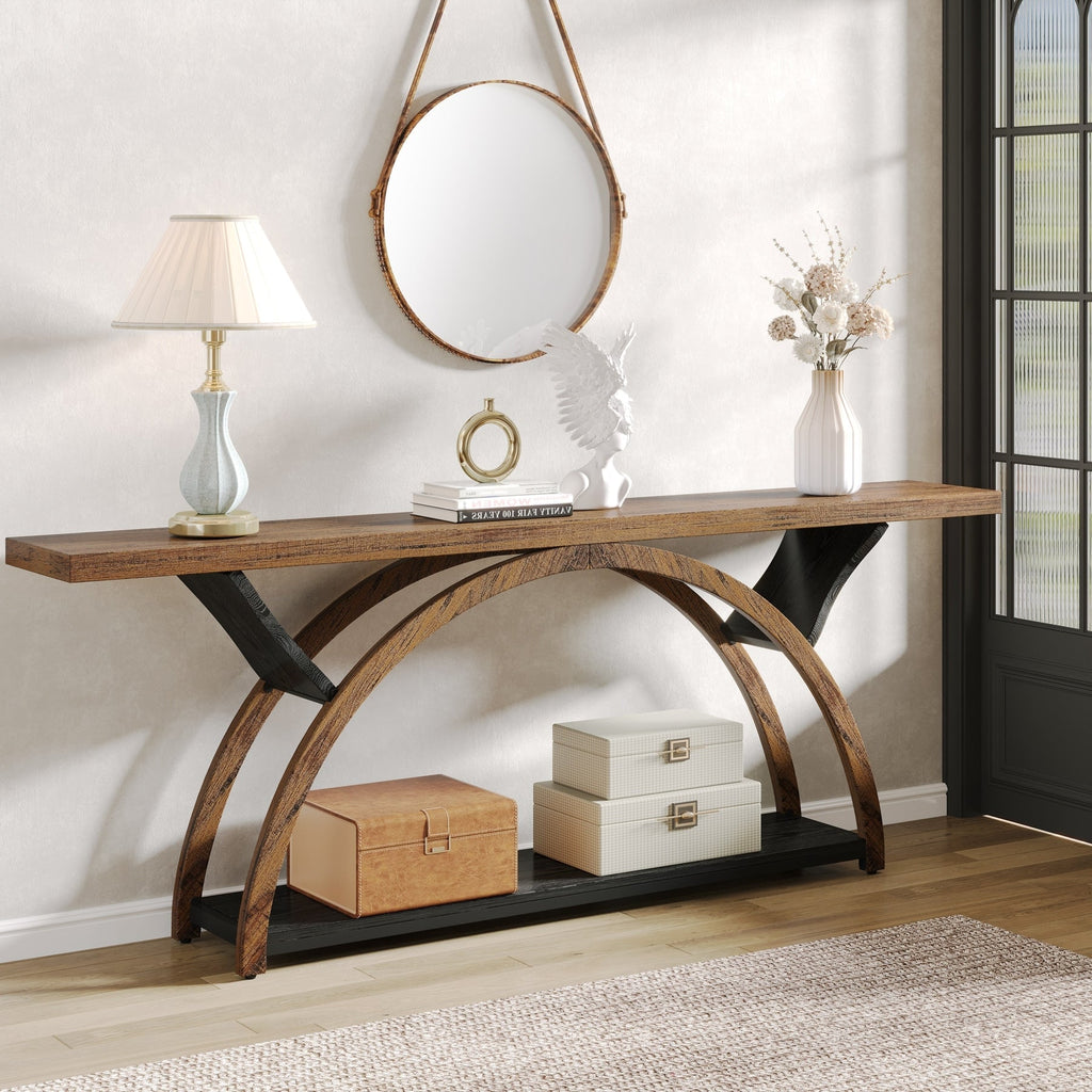 2-Tier Narrow Long Console Sofa Table with Semi-Circular Frame for Entryway,Gray Hallway Accent Tables