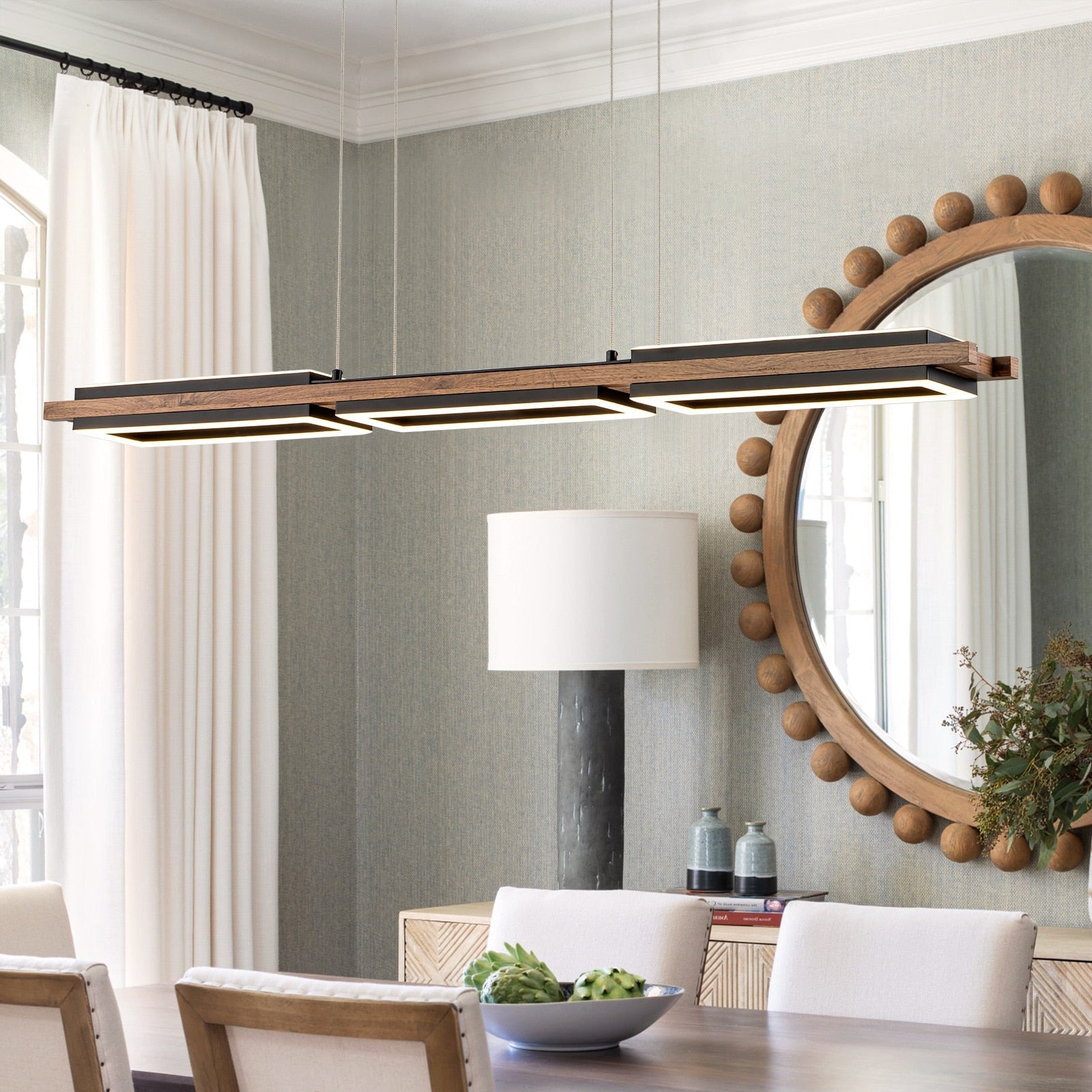 3/5-Light Integrated LED Linear Wood Chandelier Kitchen Island Pendant Light