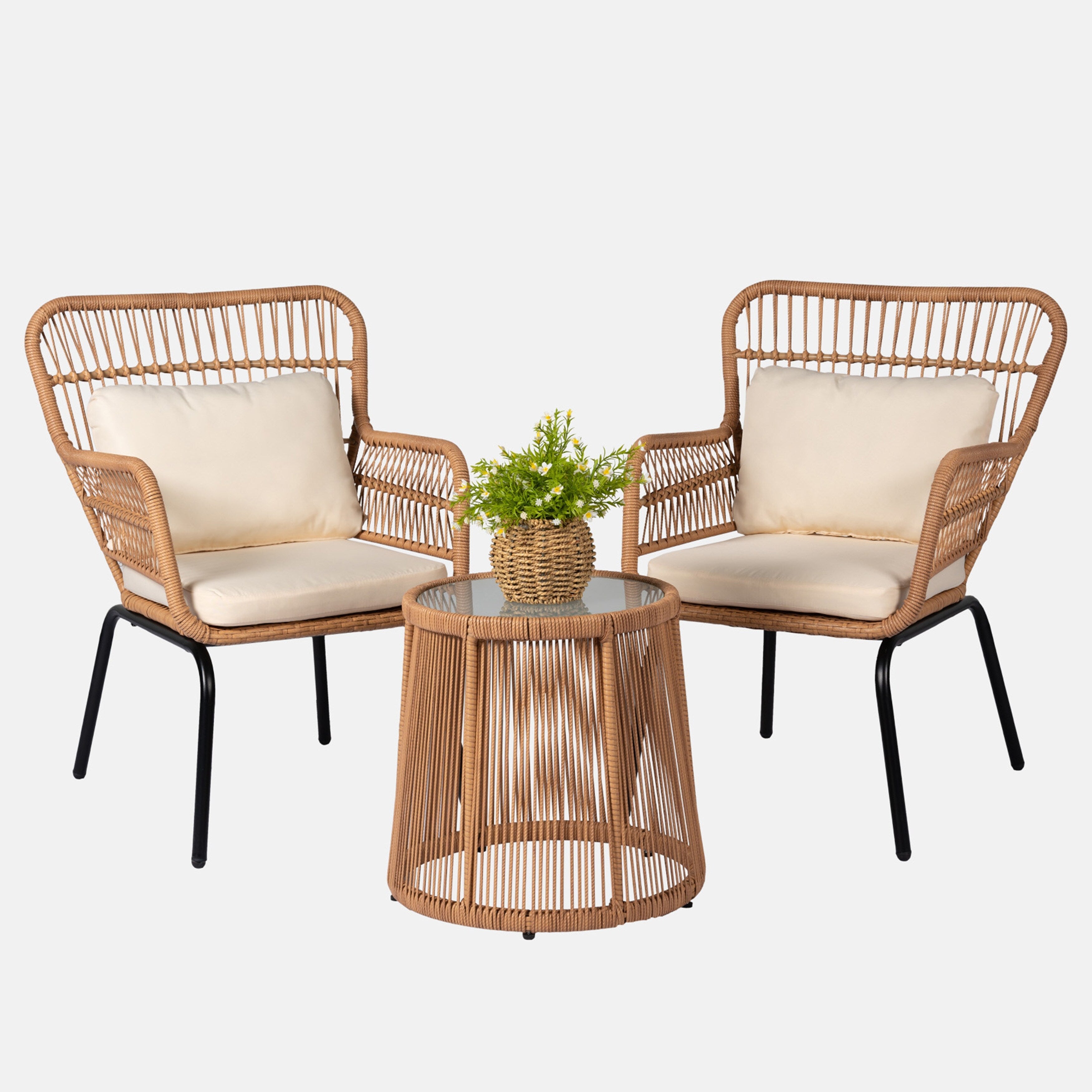 3 Piece Outdoor Wicker Conversation Bistro Set, All-Weather Rattan Furniture Patio Chairs Set with Cushions