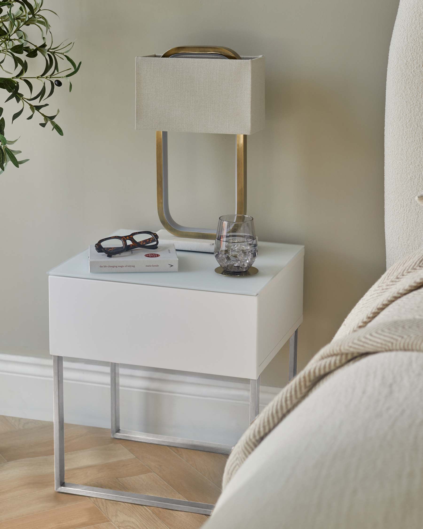 Benton Single Drawer White Bedside Table With Chrome Legs
