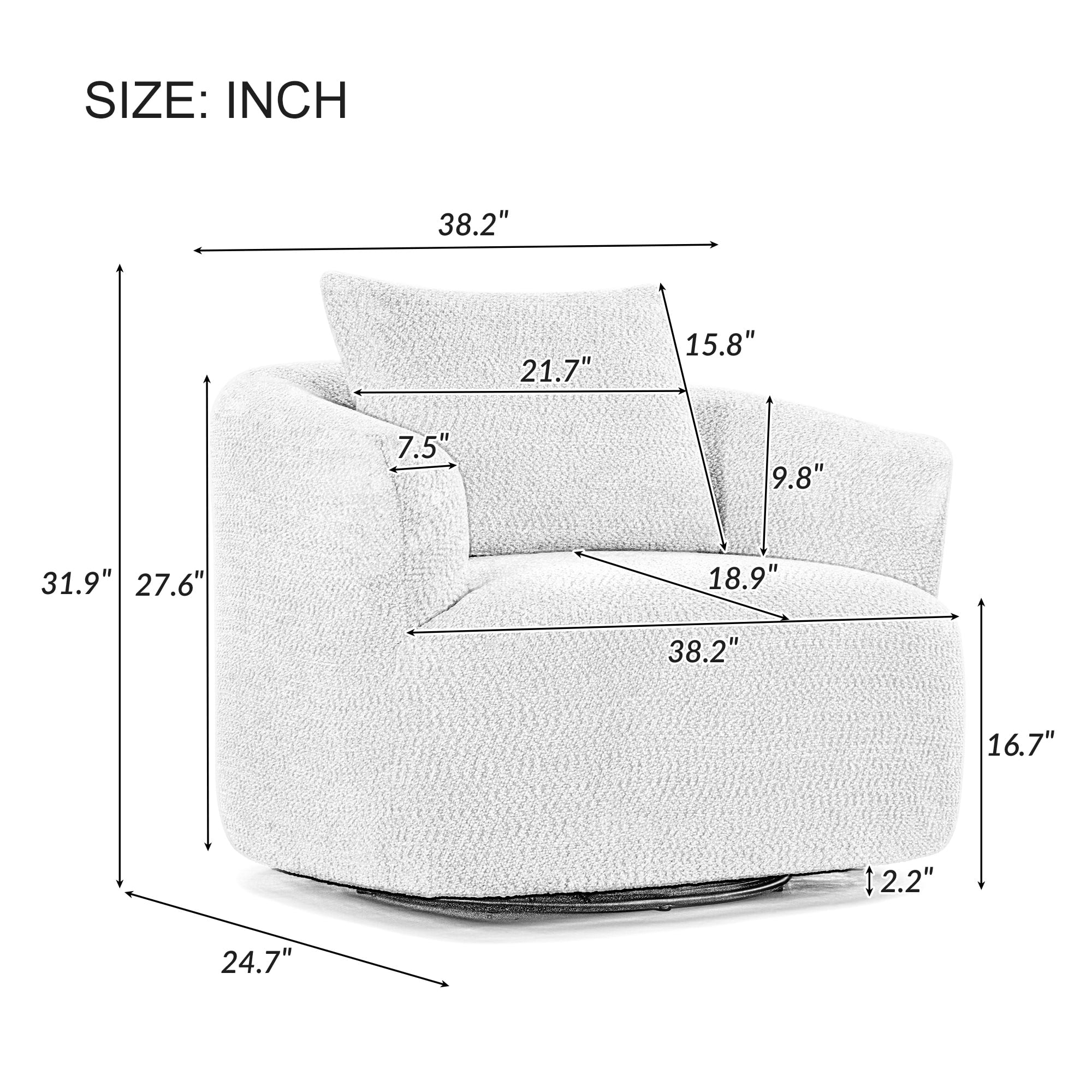 360° Swivel Chair, 38.2 Boucle Accent Chair with Throw Pillow, Upholstered Barrel Sofa Chair with Curved Armrests