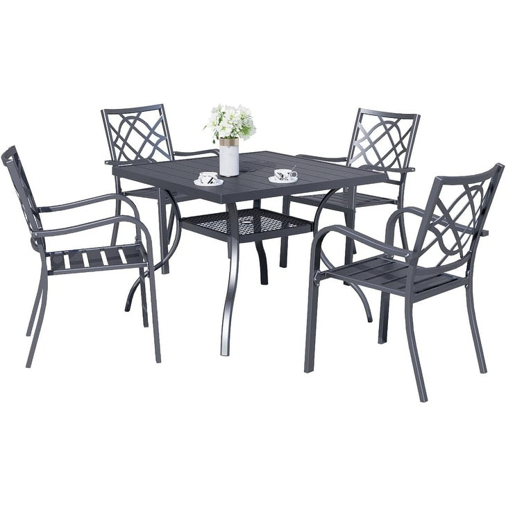 60 x 37 Outdoor Patio Rectangular Metal Slatted Dining Table with Umbrella Hole for 6 Person