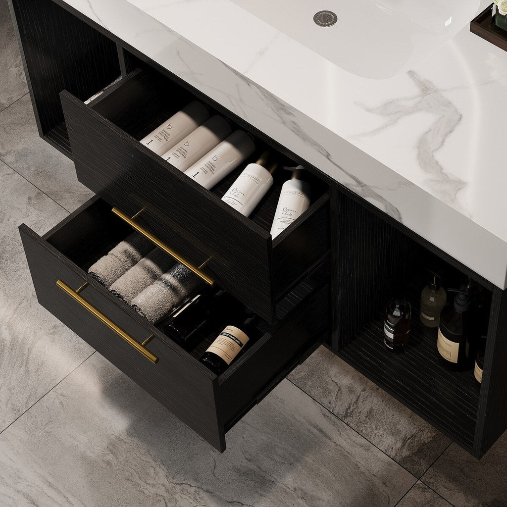 39.4 '' Floating Bathroom Vanity with Ceramic sink,Wall Hung Vanity 2 Soft Close Drawer and white slate top - 39'4 x 18'9