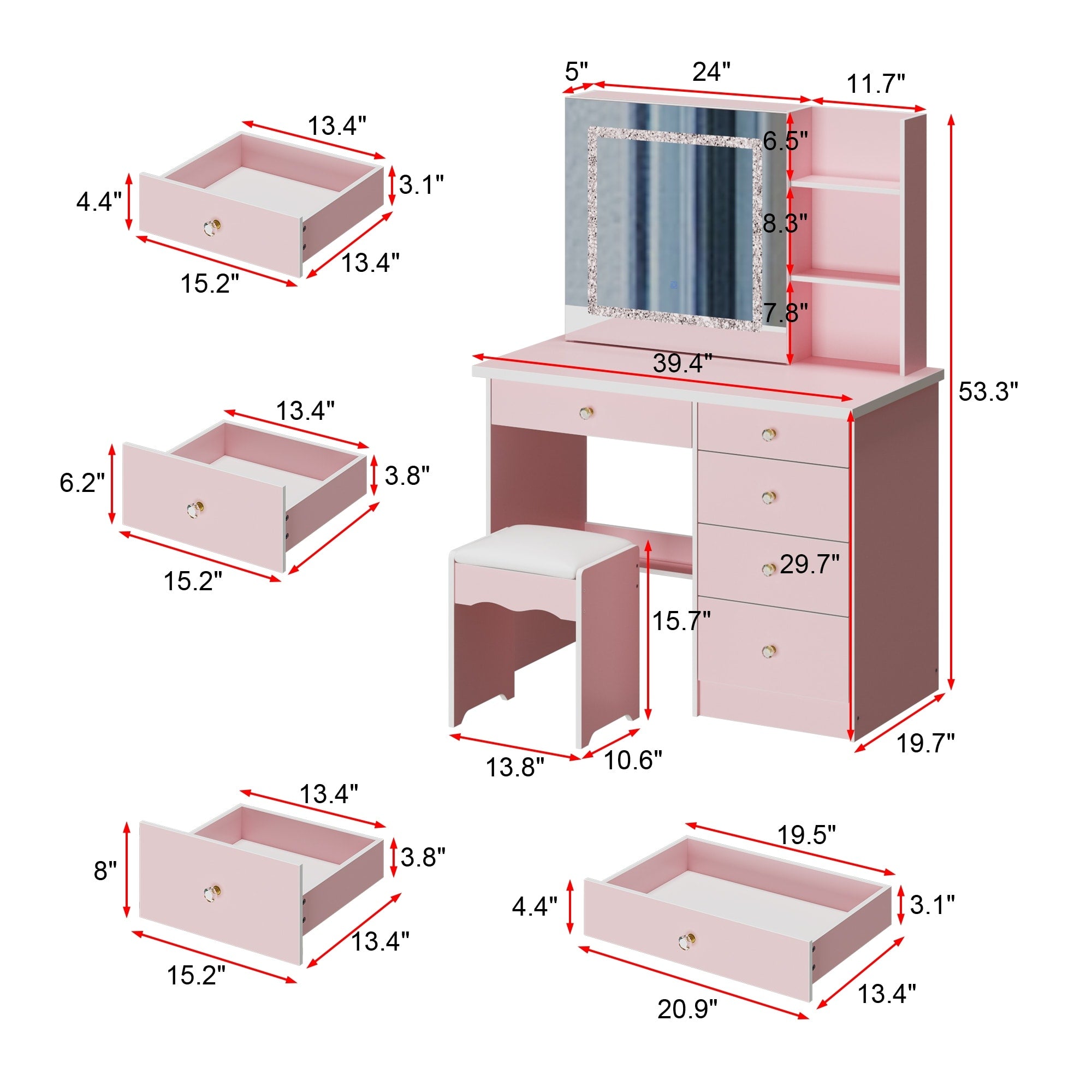 39.4'' Wide Makeup Vanity Set with Stool and Mirror