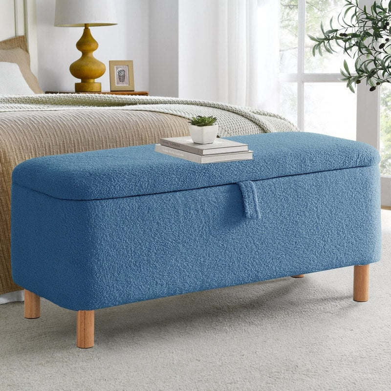 39.5 Off White Boucle Storage Ottoman Bench Sherpa Storage Bench Ottoman Foot Rest End of Bed for Living Room Bedroom,Wood Leg