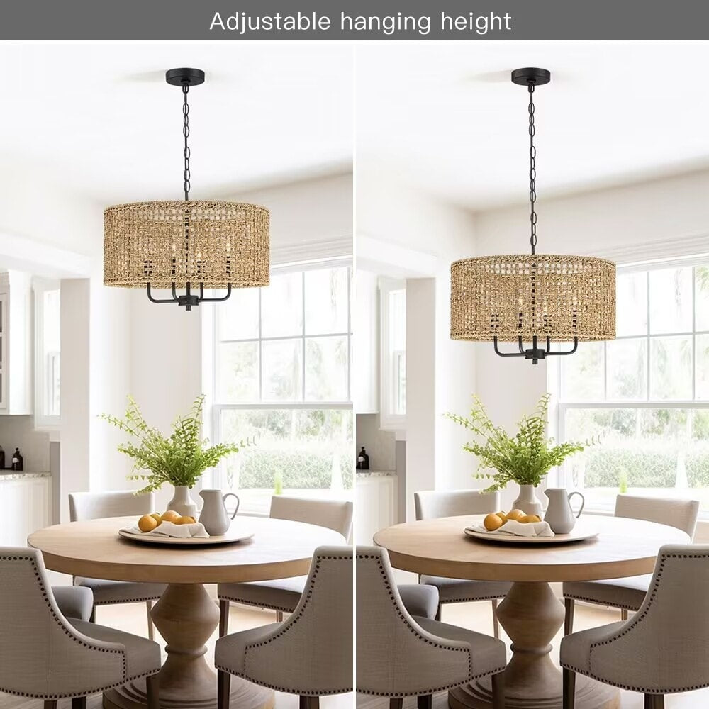 4-Light Bohemian Hand Woven Drum Chandelier - Straw - 20 in. W