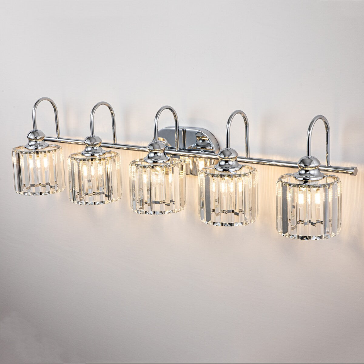 5-Light Glam Linear Dimmable Crystal Bathroom Vanity Lights with Cylinder Crystal Shade