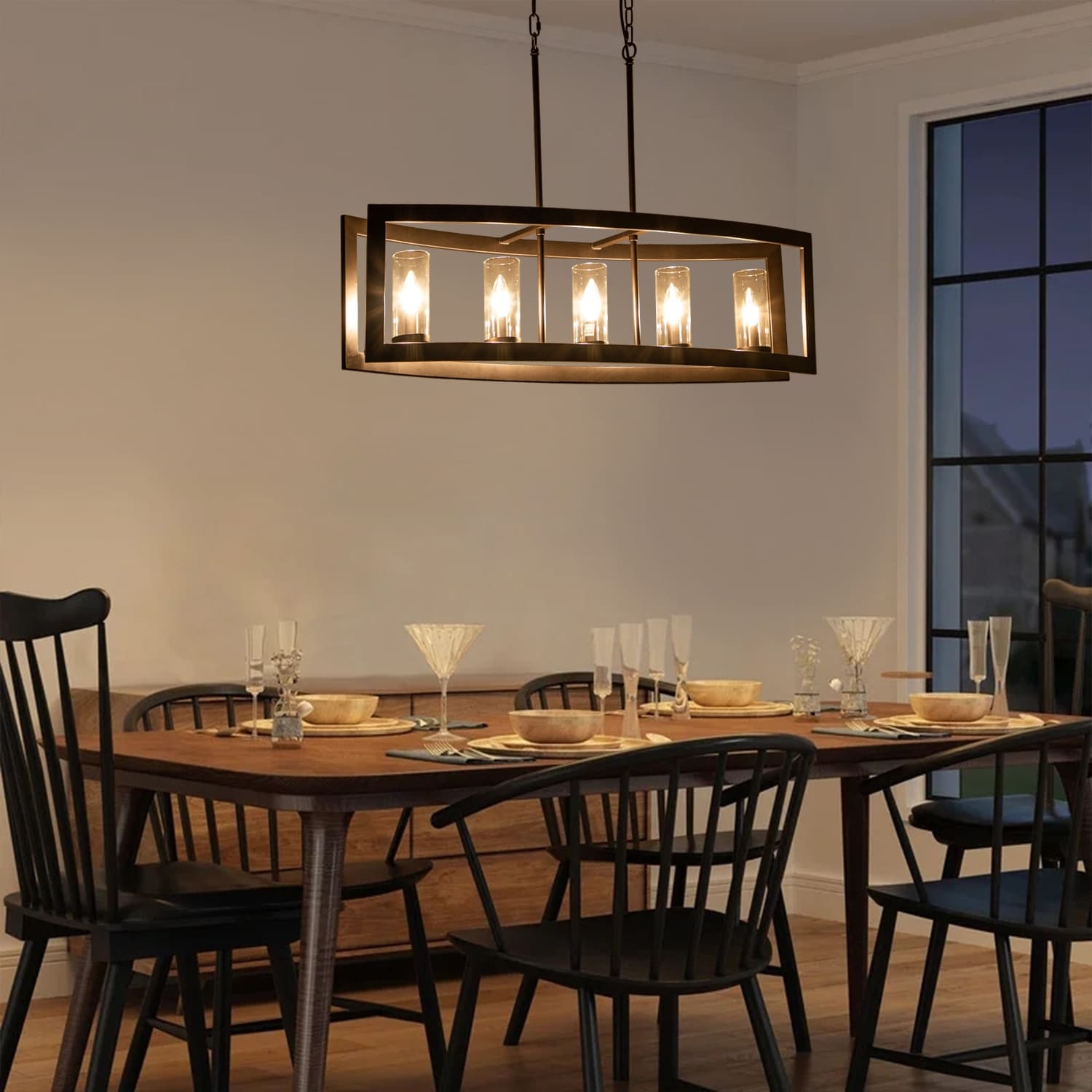 5-Light Modern Industrial Linear Chandelier for Dining Room Farmhouse Cylinder Clear Glass Chandelier Kitchen Island Lights