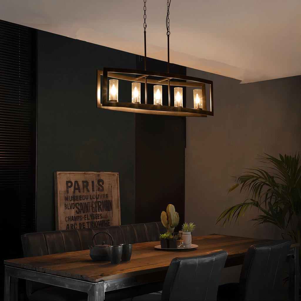 5-Light Mid-Century Modern Industrial Linear Kitchen Island Pendant Vintage Rectangle Glass Chandelier