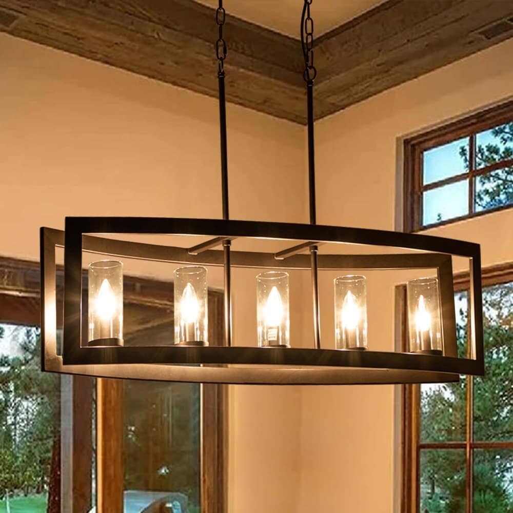 5-Light Mid-Century Modern Industrial Linear Kitchen Island Pendant Vintage Rectangle Glass Chandelier