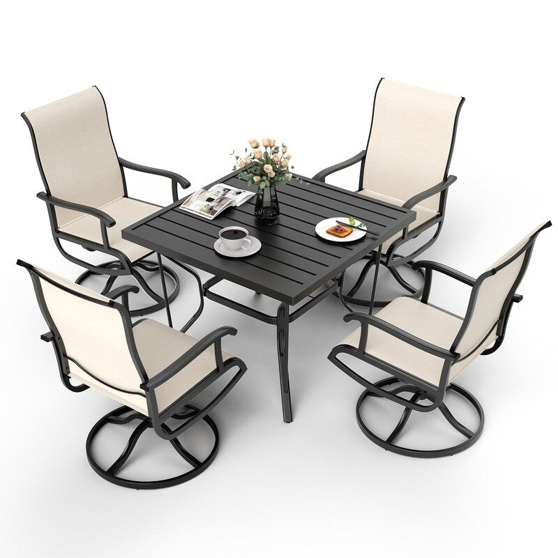 5-Piece Metal Outdoor Patio Dining Set with Square Table and Textilene Swivel Chairs
