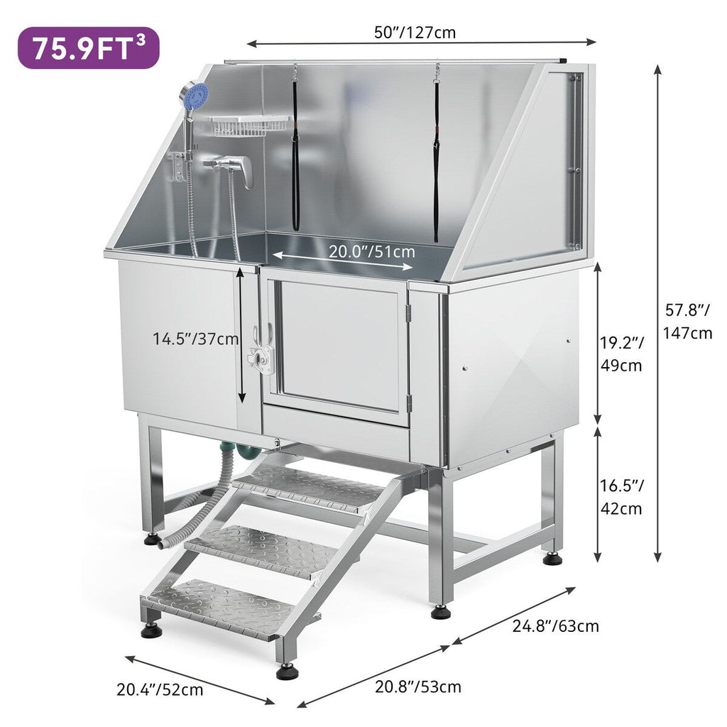 50'' W Stainless Steel Adjustable Pet Grooming Tub with Steps Ramp