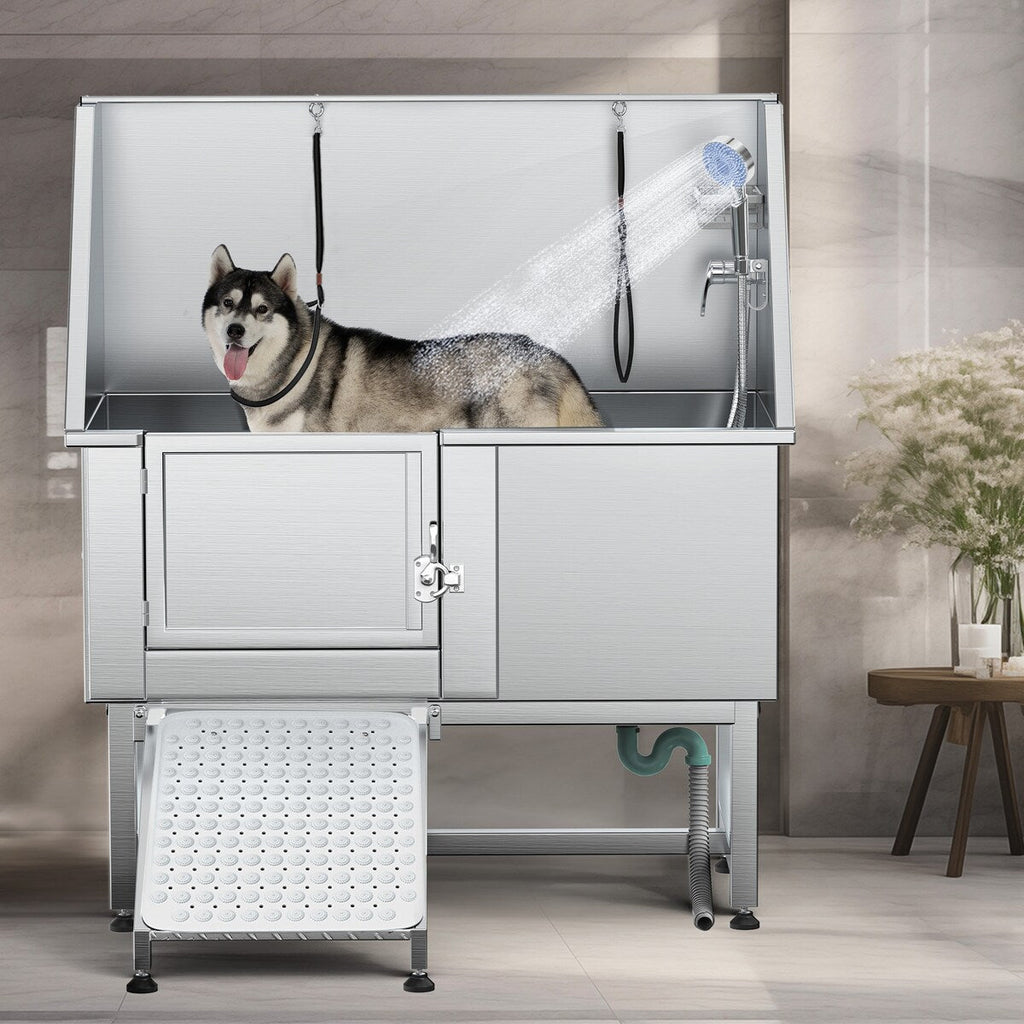 50'' W Stainless Steel Adjustable Pet Grooming Tub with Steps Ramp