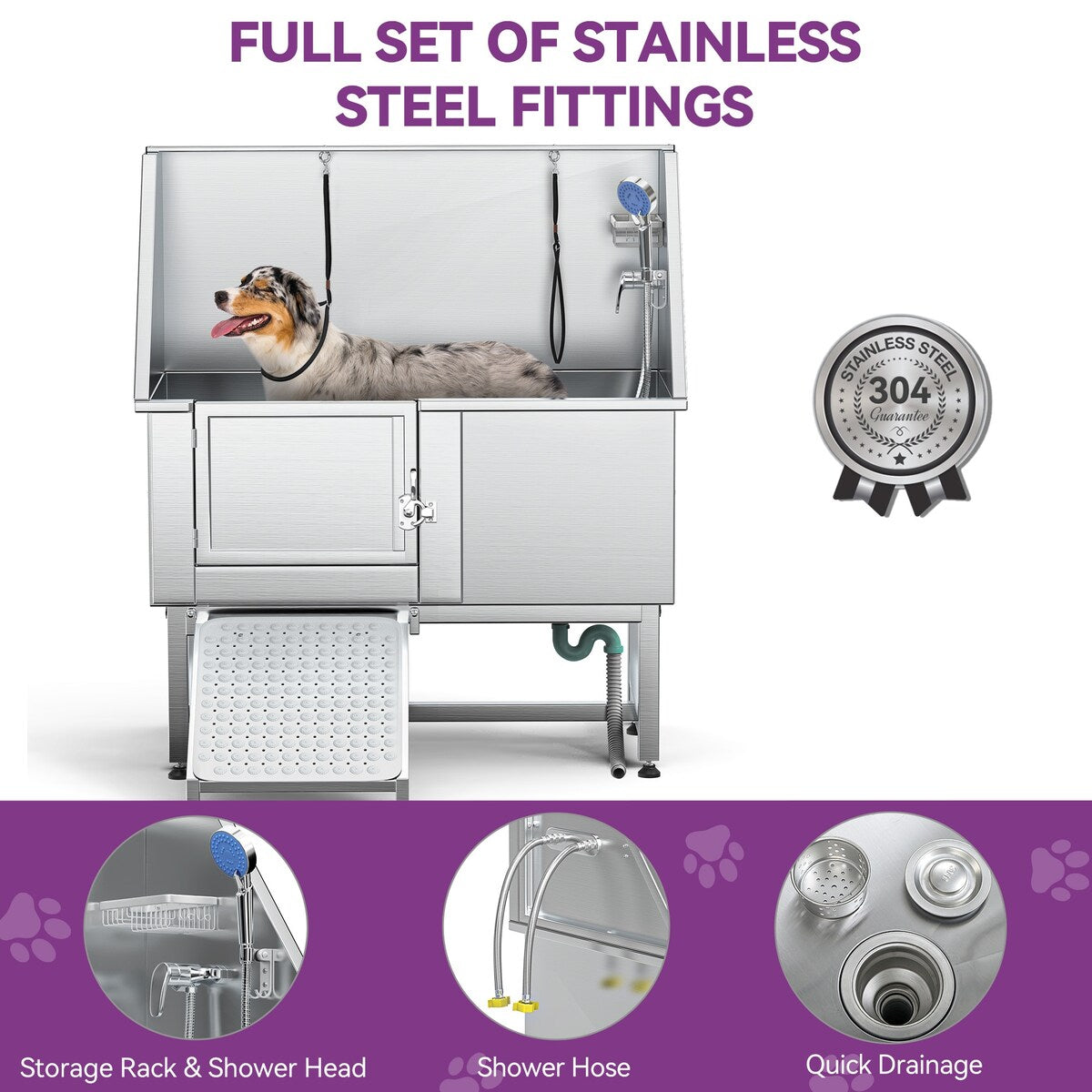 50'' W Stainless Steel Adjustable Pet Grooming Tub with Steps Ramp