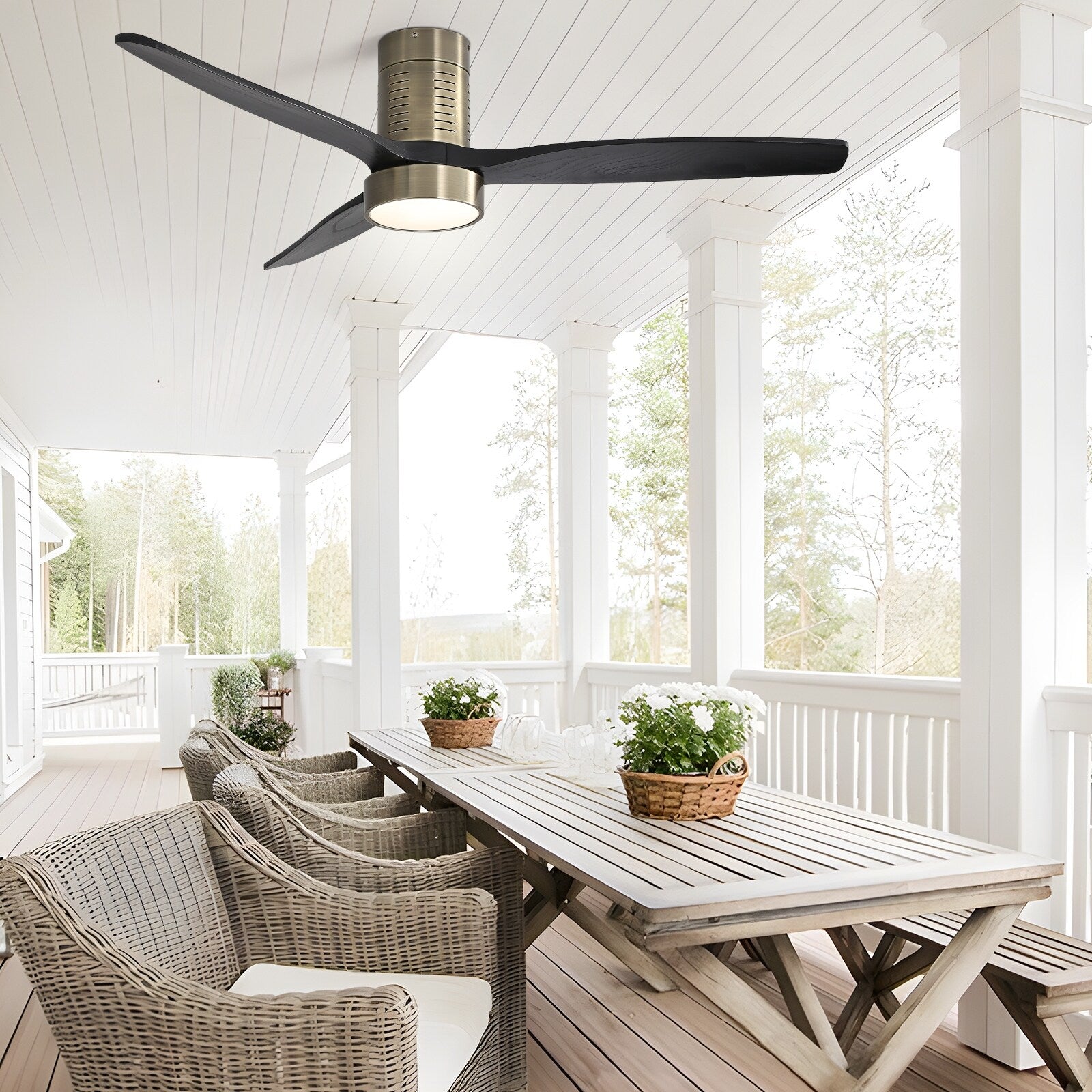 52 Inch Farmhouse Style Flush Mount Ceiling Fan with Light and Remote Control, Reversible DC Motor