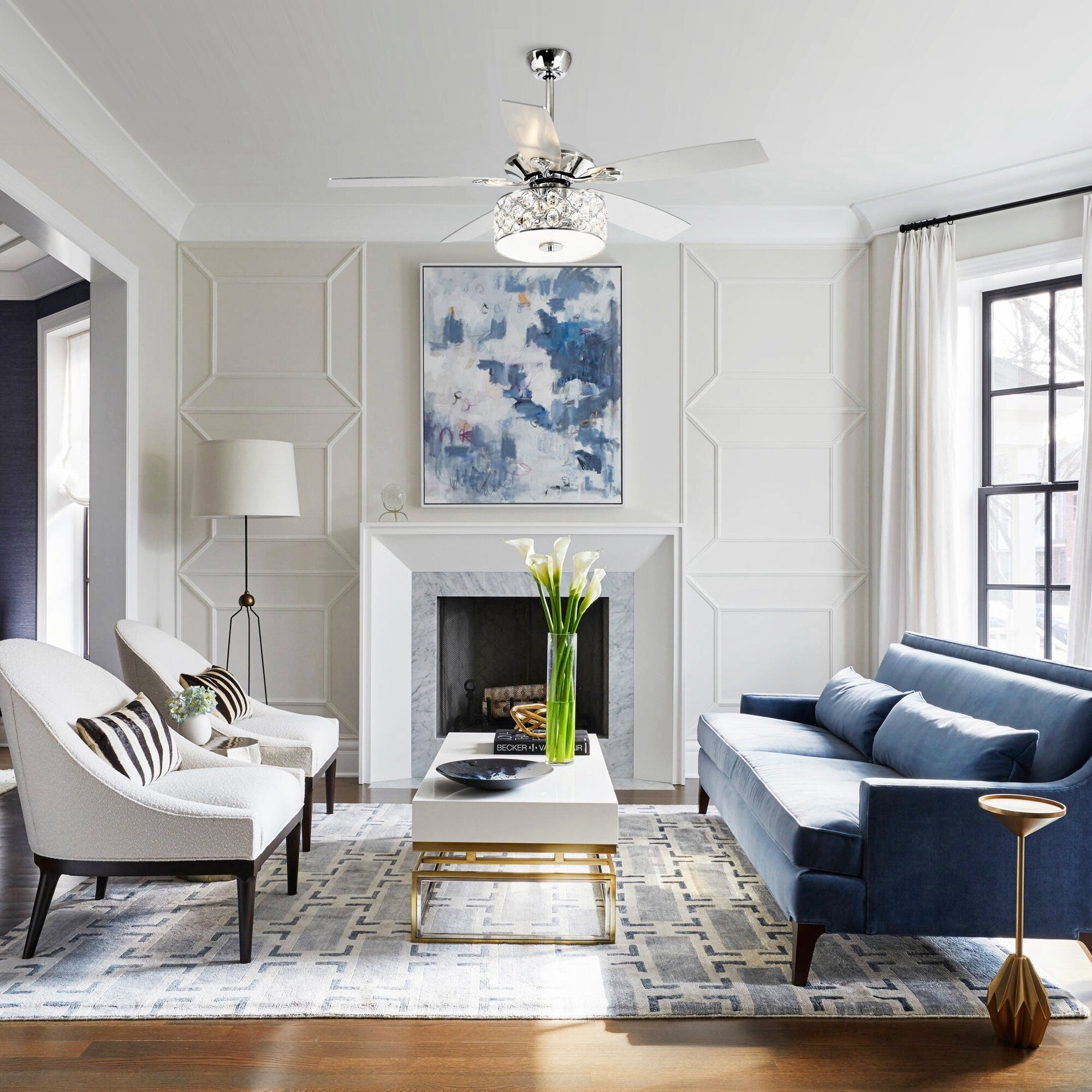 52 Modern 4-Light Chandelier Crystal Ceiling Fan with Remote