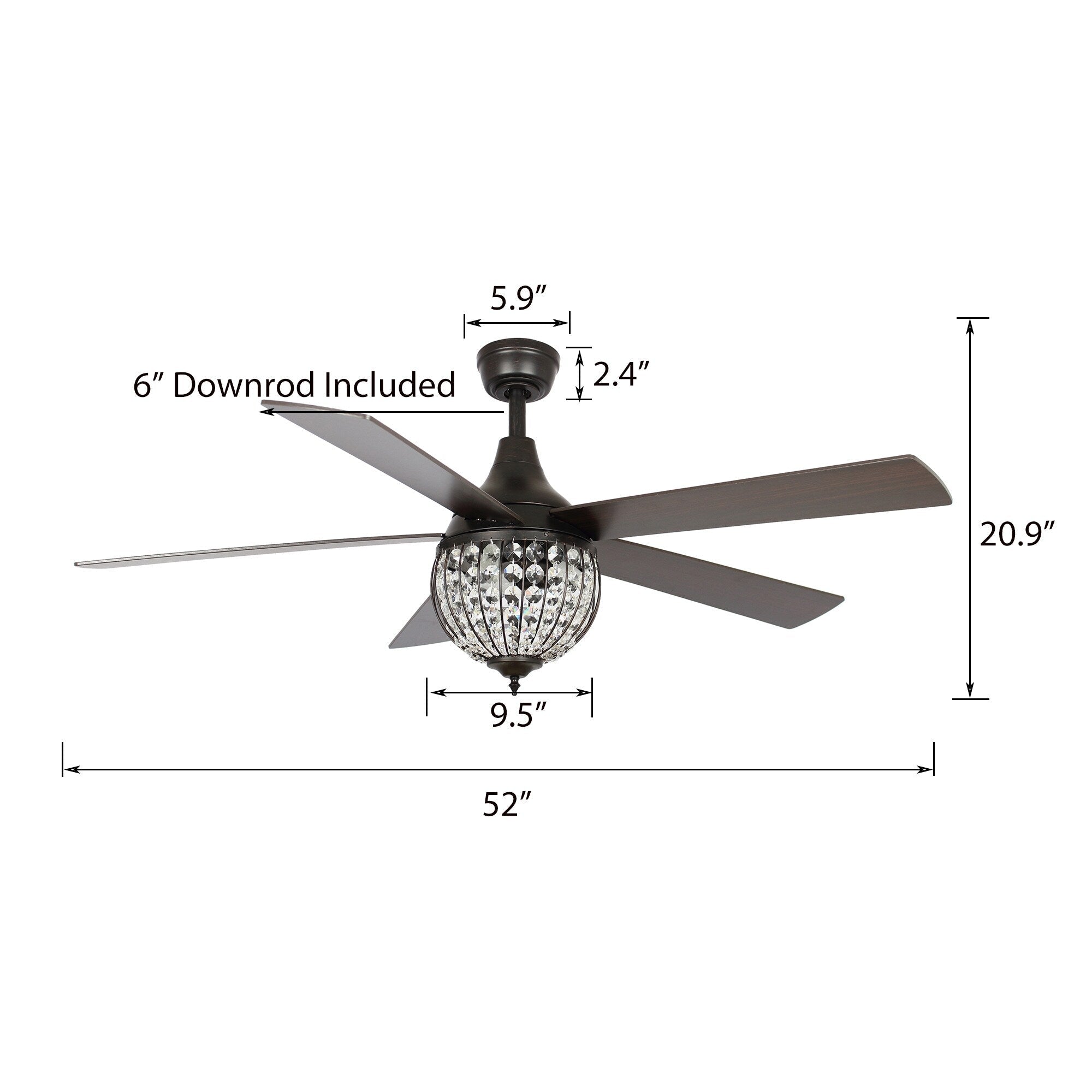 52 Industrial Black Wood 5-blade Crystal Ceiling Fan with Remote