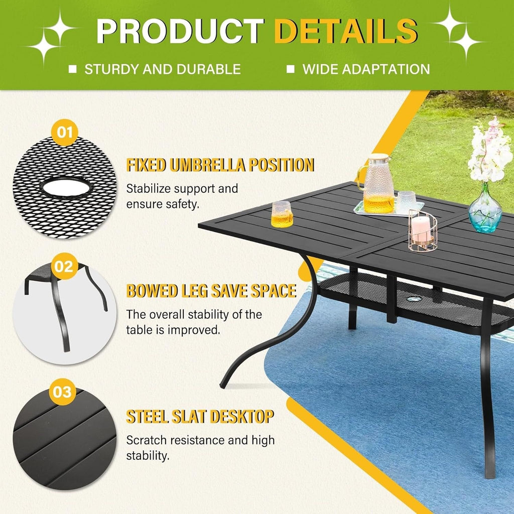 60 x 37 Outdoor Patio Rectangular Metal Slatted Dining Table with Umbrella Hole for 6 Person