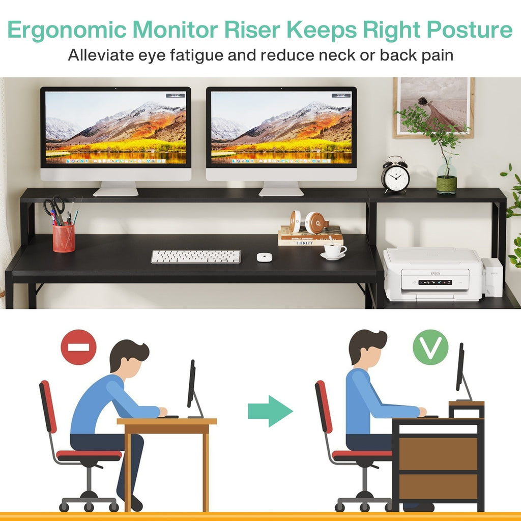 63 Computer Desk with Monitor Stand, Ergonomic Home Office Desks with Drawers File Cabinet