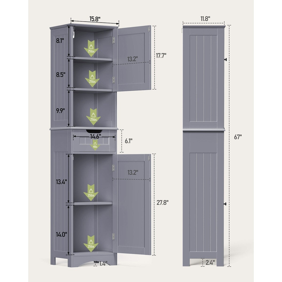 67'' Tall Bathroom Narrow Linen Cabinet, 5 Tiers Solid Wood Freestanding Storage Cabinet