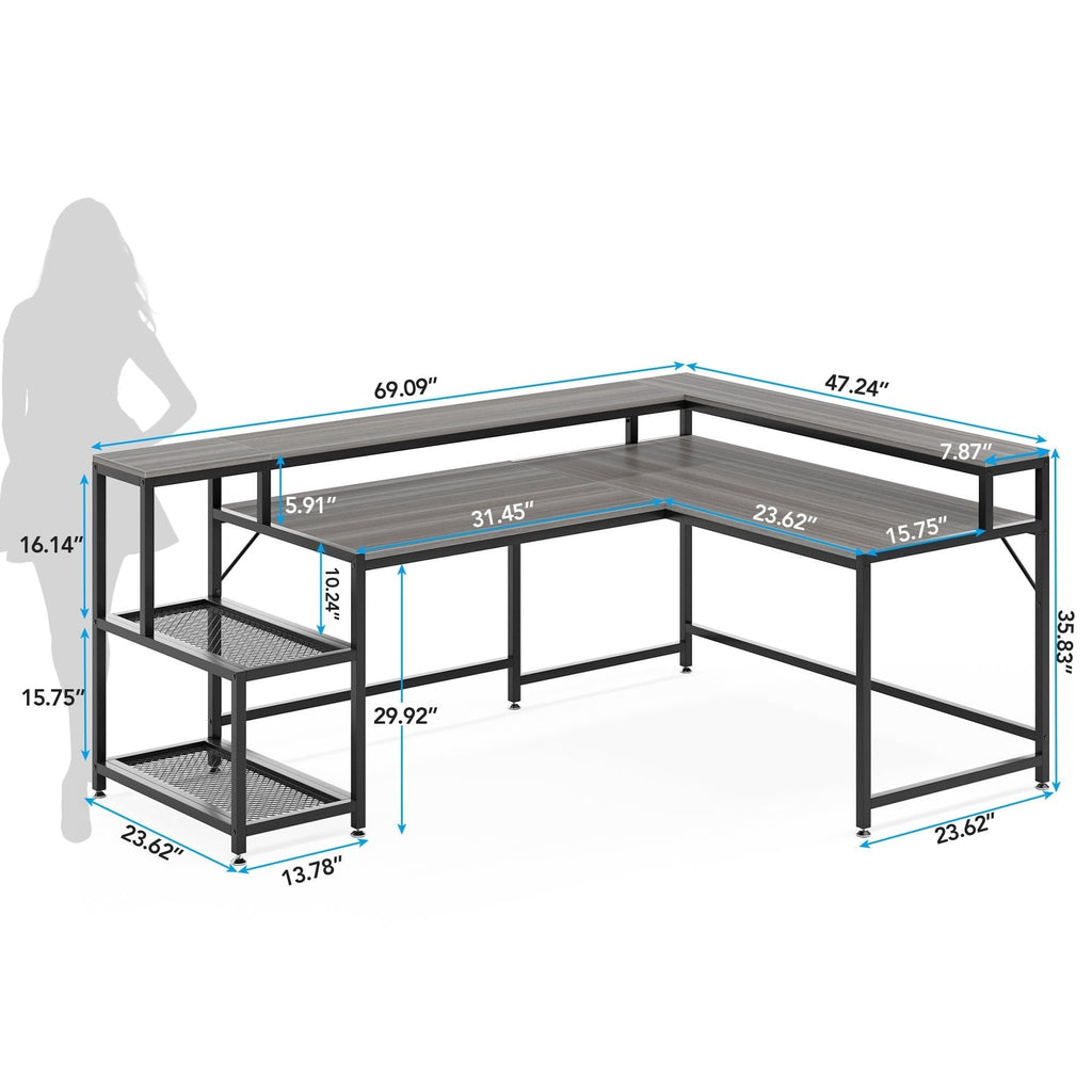 L Shaped Desk with Monitor Shelf, Reversible Corner Computer Desk for Office Home 69