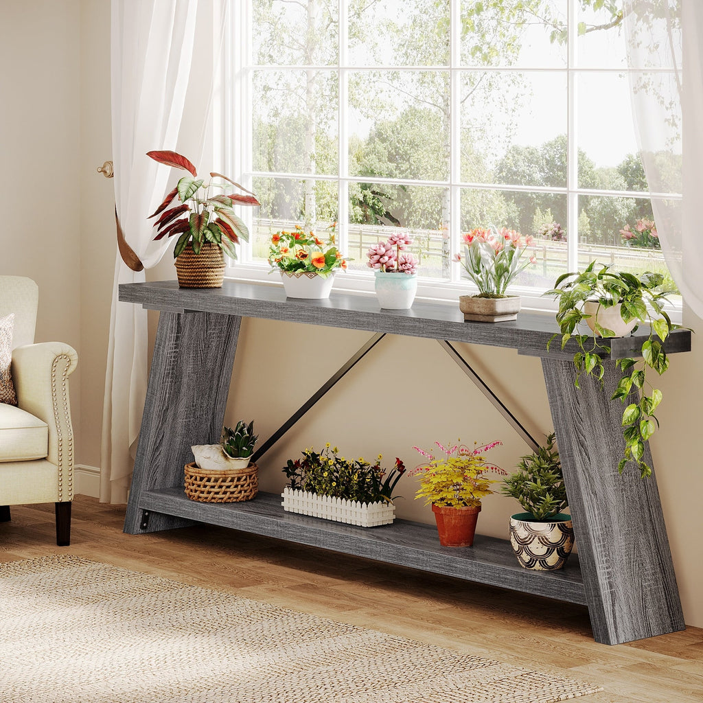 70.9 Inches Long Rustic Wood Console Sofa Table with Storage Shelf