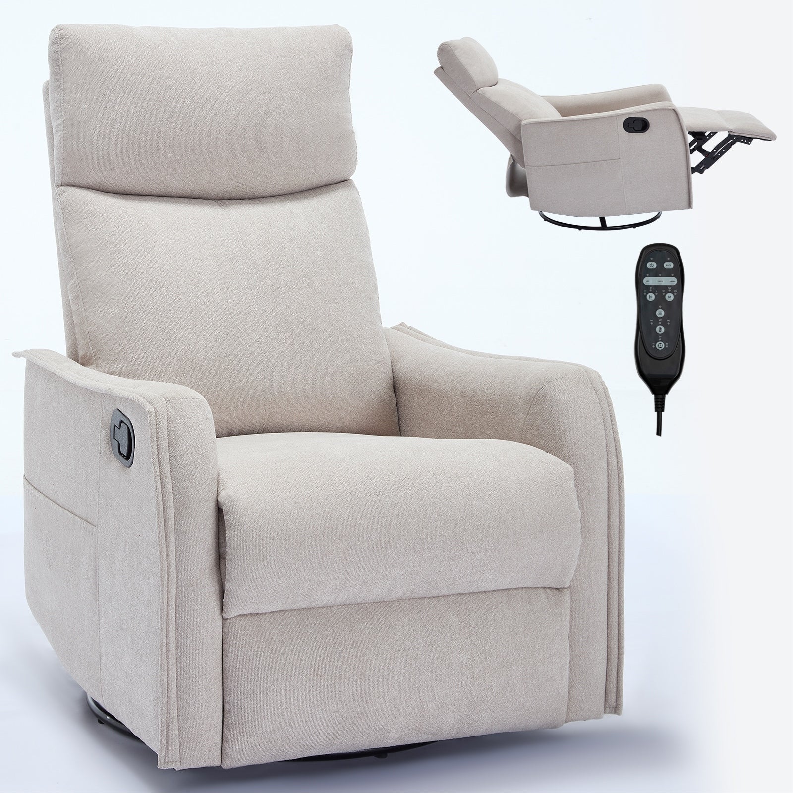 8 Point Massage Manual Recliner Chair Fabric Swivel Rocking Chair Single Sofa Armchair with Rocker and Lumbar Heating