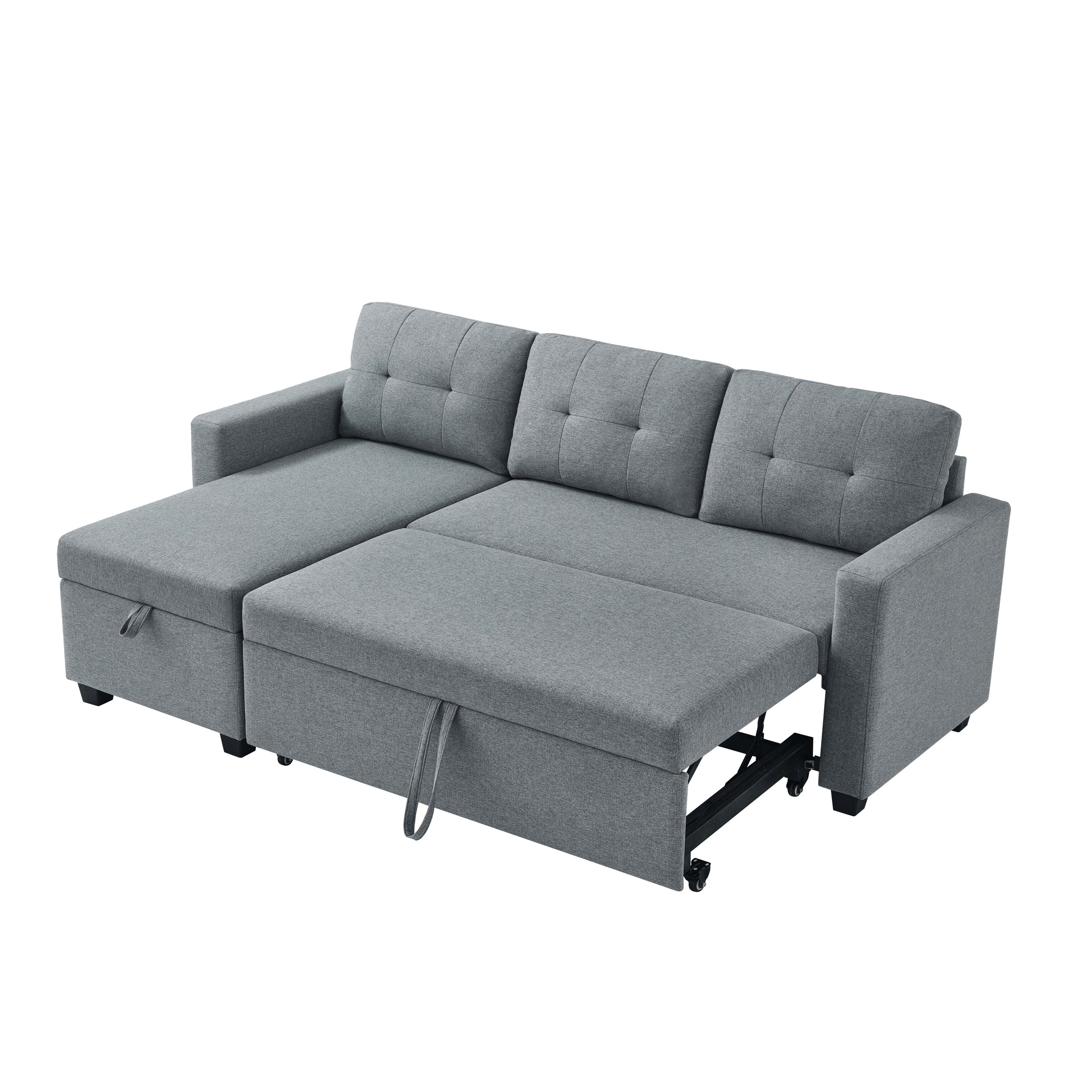 81.5'' Upholstered Convertible 3 Seater Sleeper Sofa with Pull-Out Bed, Reversible Storage Chaise, and Back Cushions