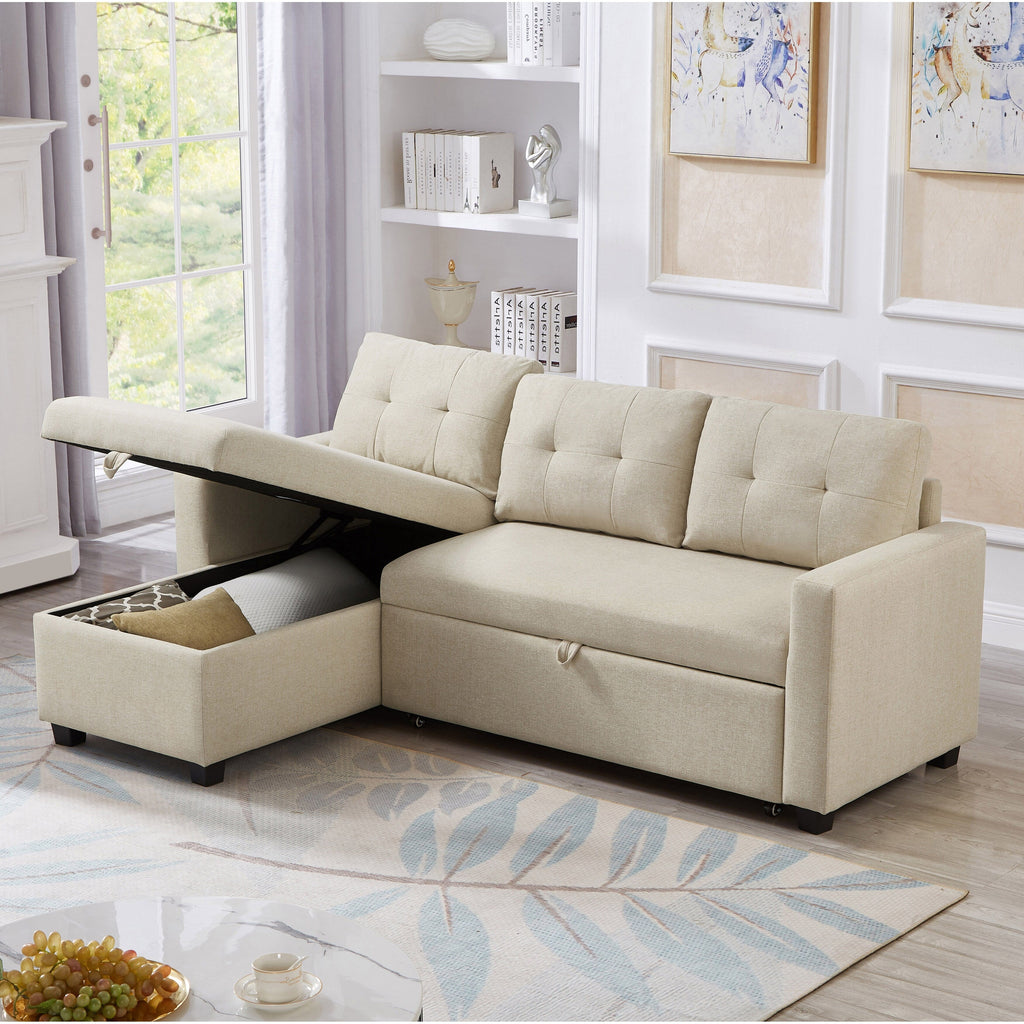 81.5'' Upholstered Convertible 3 Seater Sleeper Sofa with Pull-Out Bed, Reversible Storage Chaise, and Back Cushions
