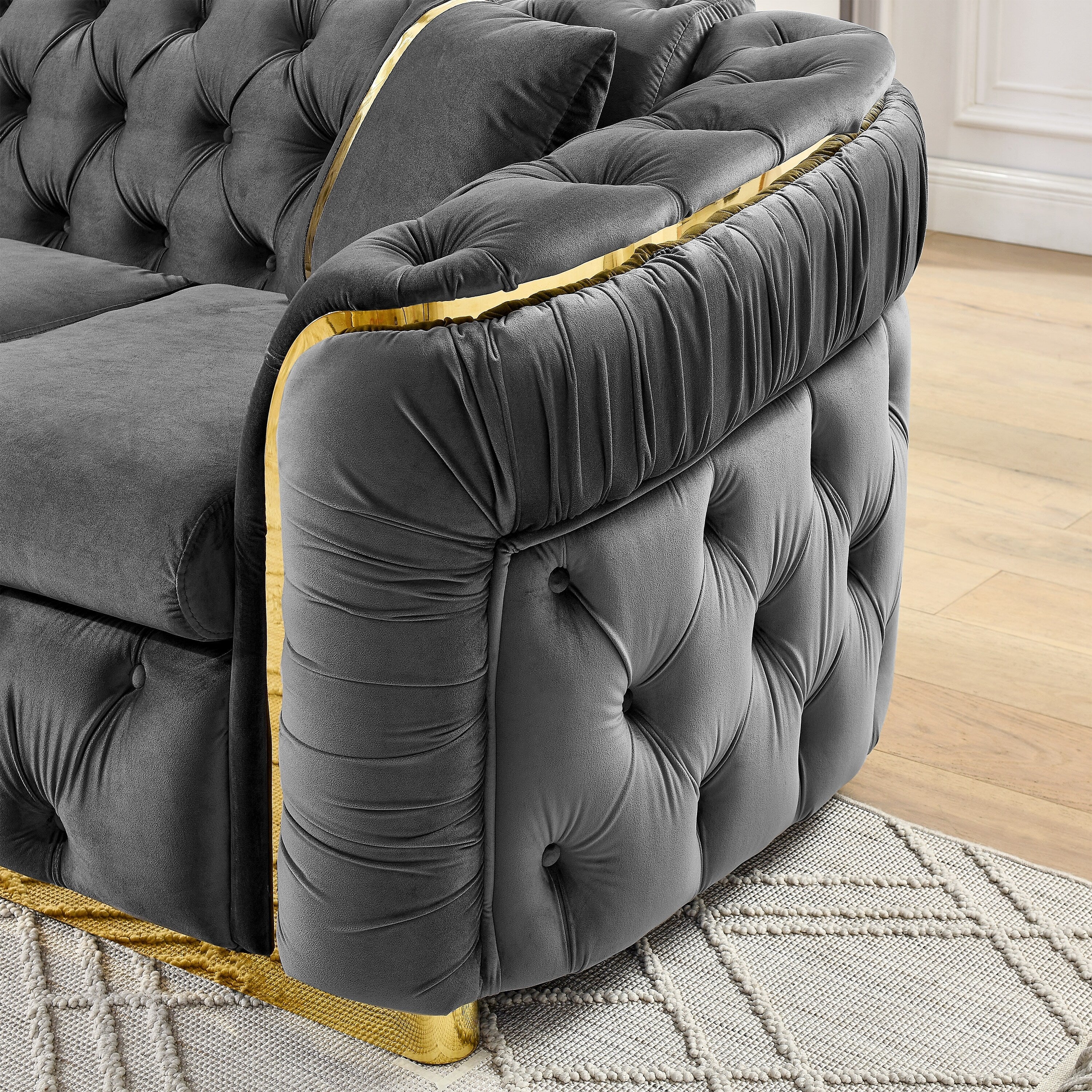 90.6 Velvet 3-Seater Sofa with 2 Pillows High-Density Cushions, Gold Accents, and Pillows