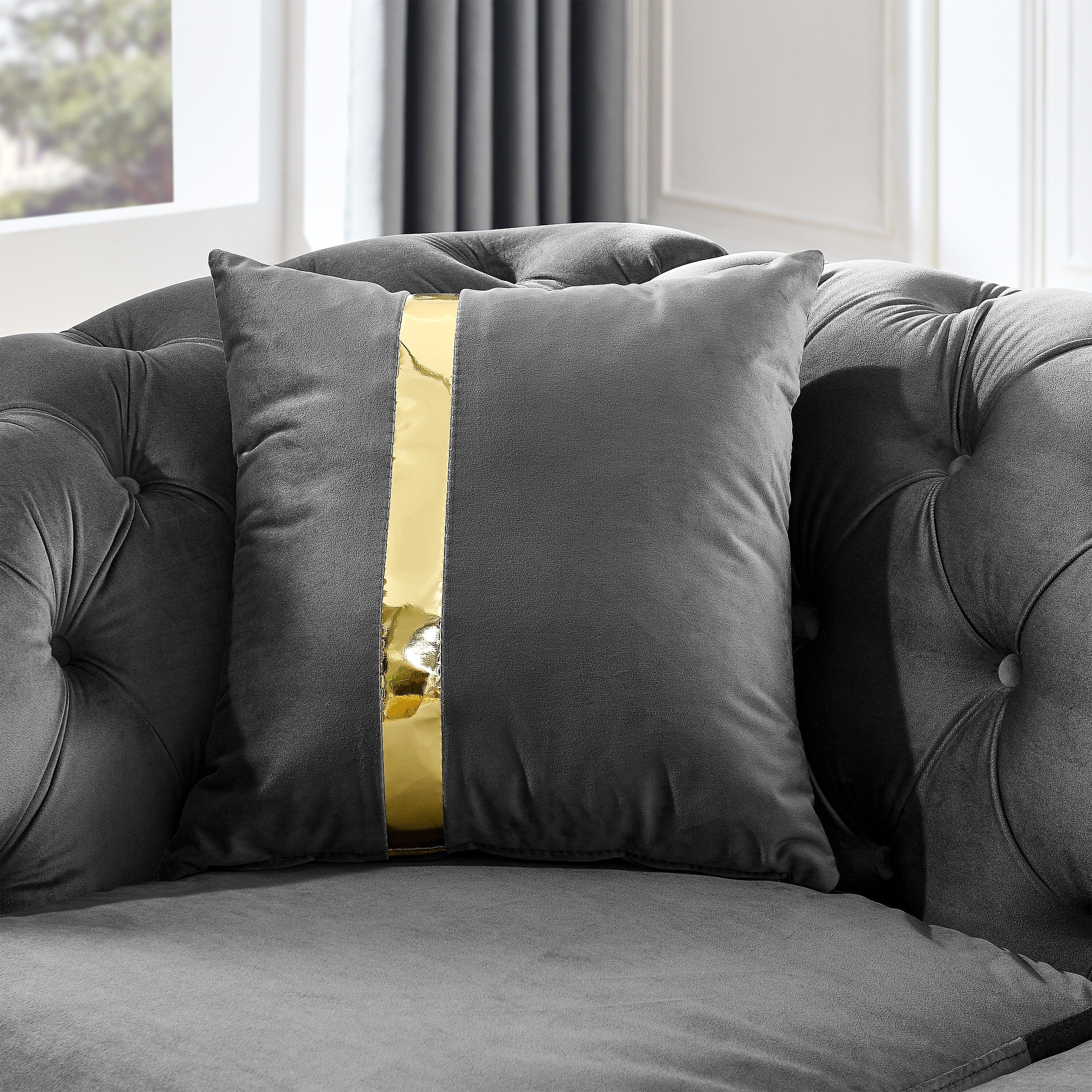 90.6 Velvet 3-Seater Sofa with 2 Pillows High-Density Cushions, Gold Accents, and Pillows