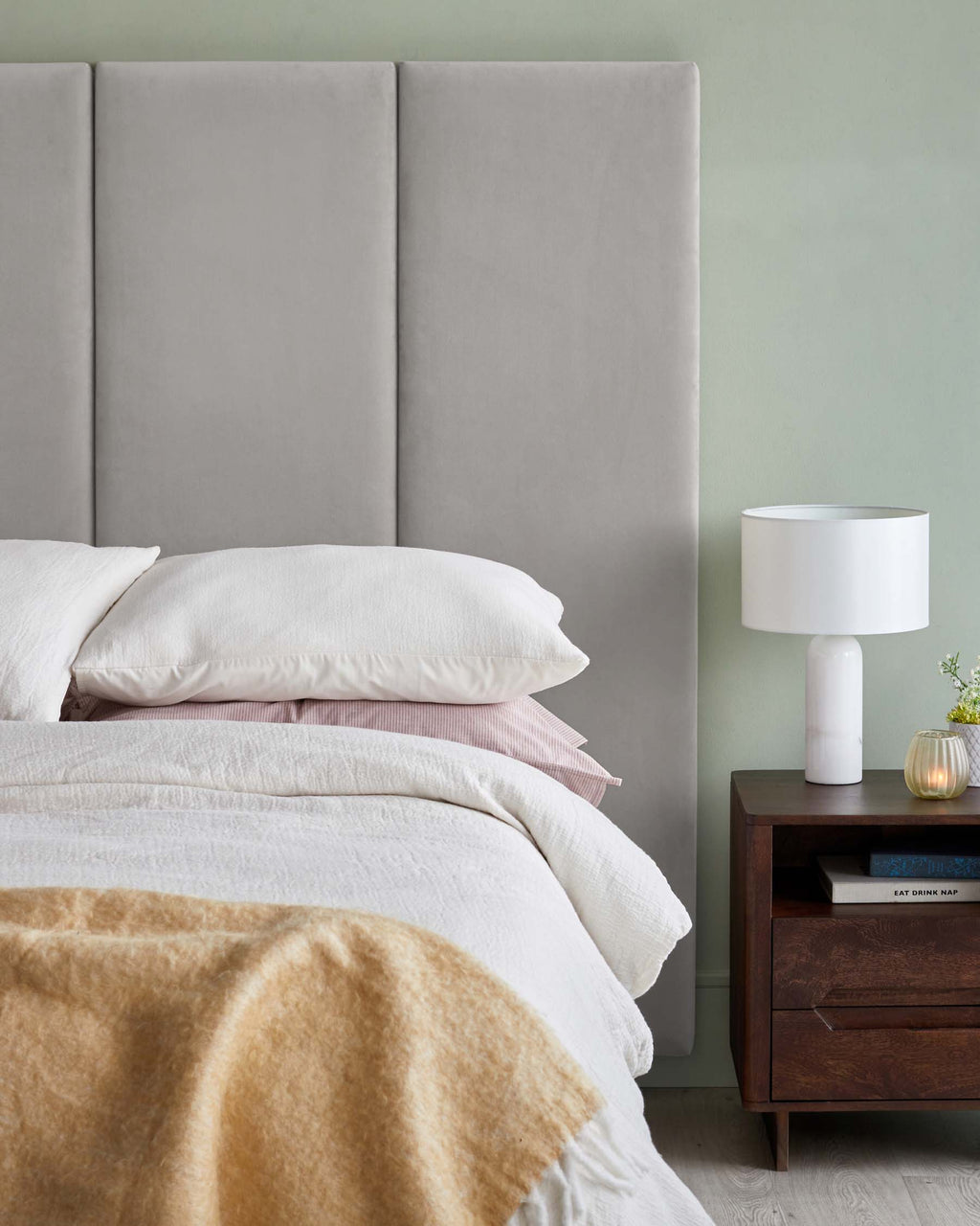 Penelope light grey velvet small panel headboard