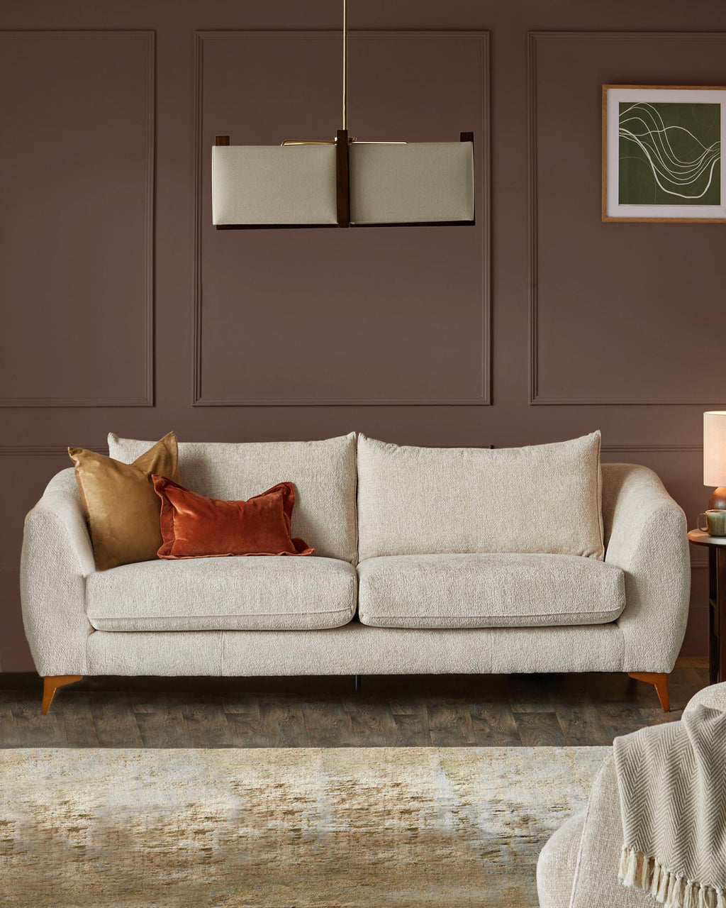 Genevieve natural weave 3 seater sofa with wooden leg