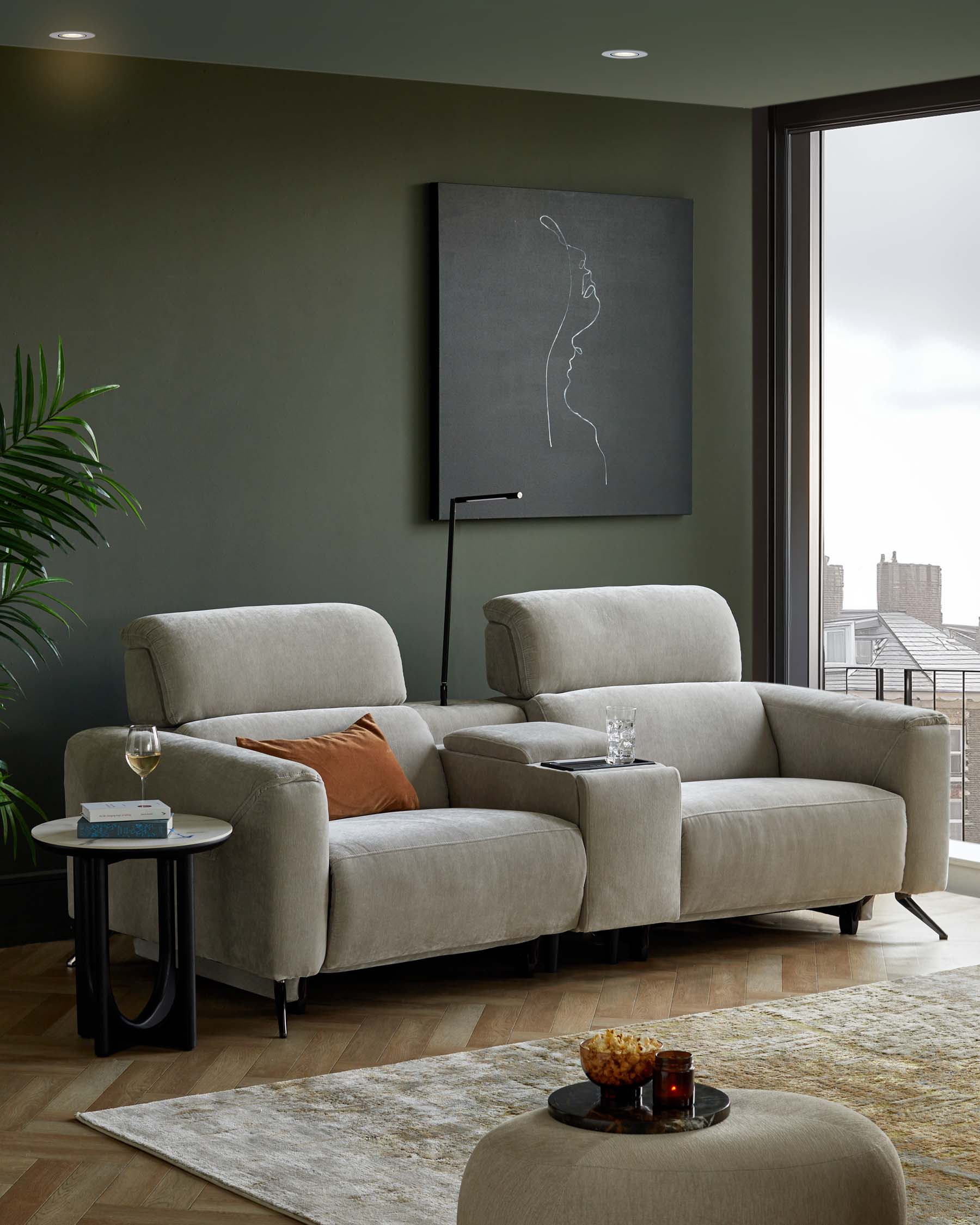 Kenzie light grey fabric recliner 2 seater sofa with console