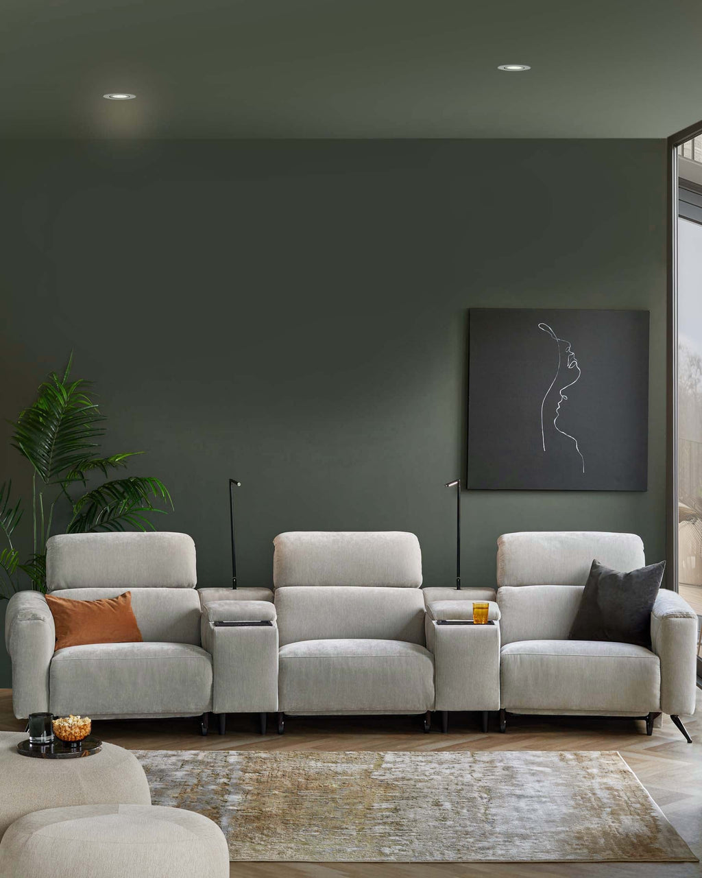 Kenzie light grey fabric recliner 3 seater sofa with console