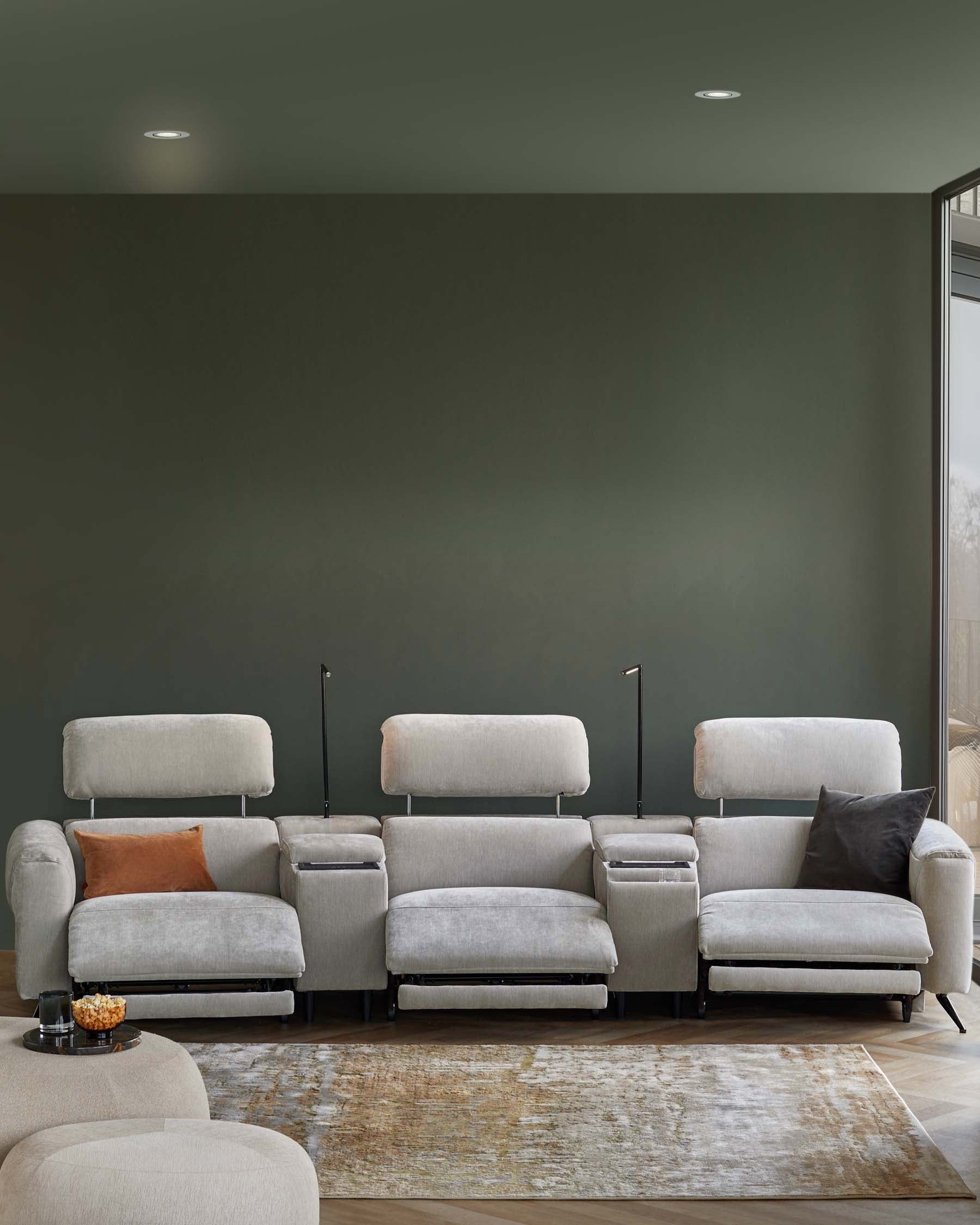 Kenzie light grey fabric recliner 3 seater sofa with console