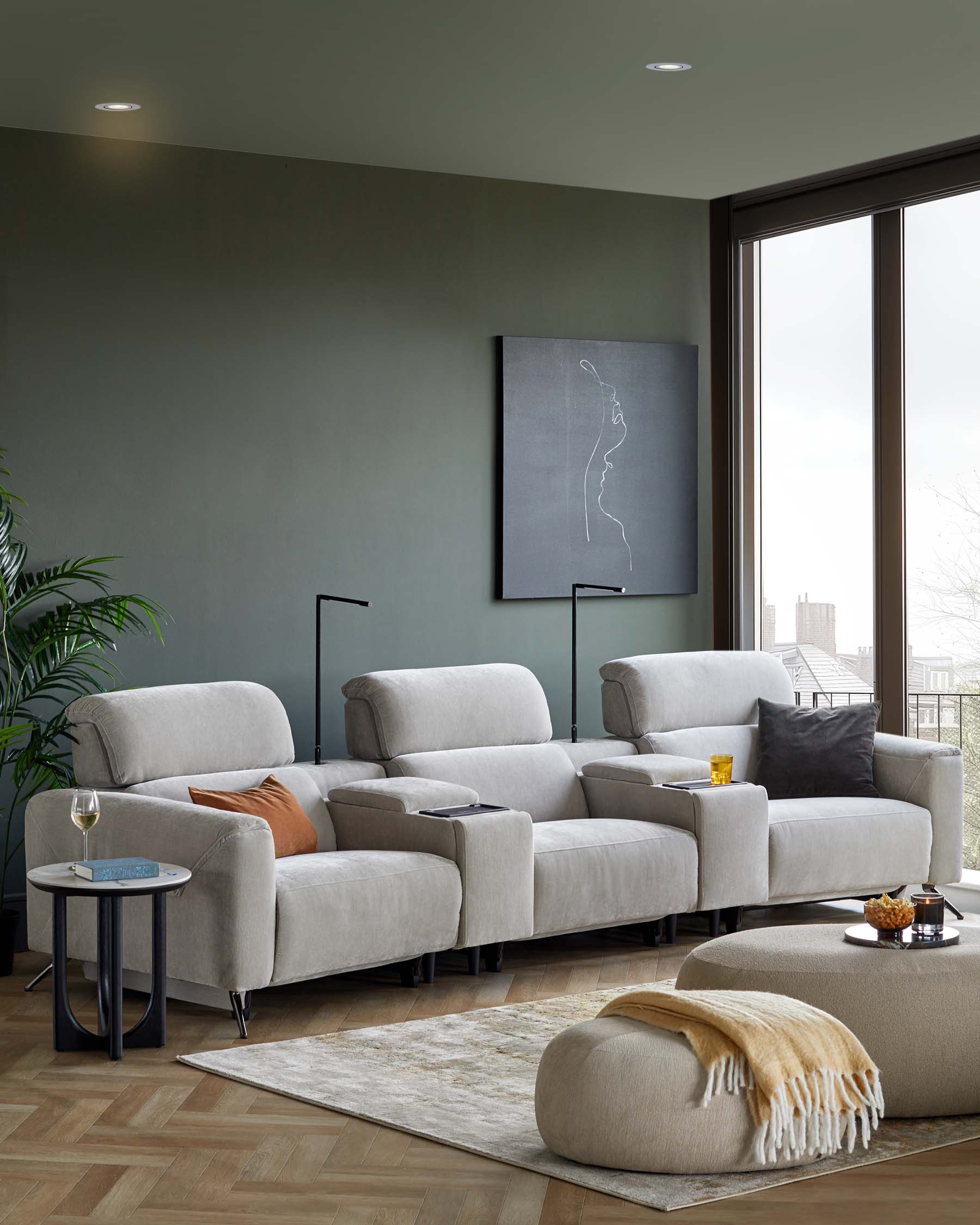 Kenzie light grey fabric recliner 3 seater sofa with console