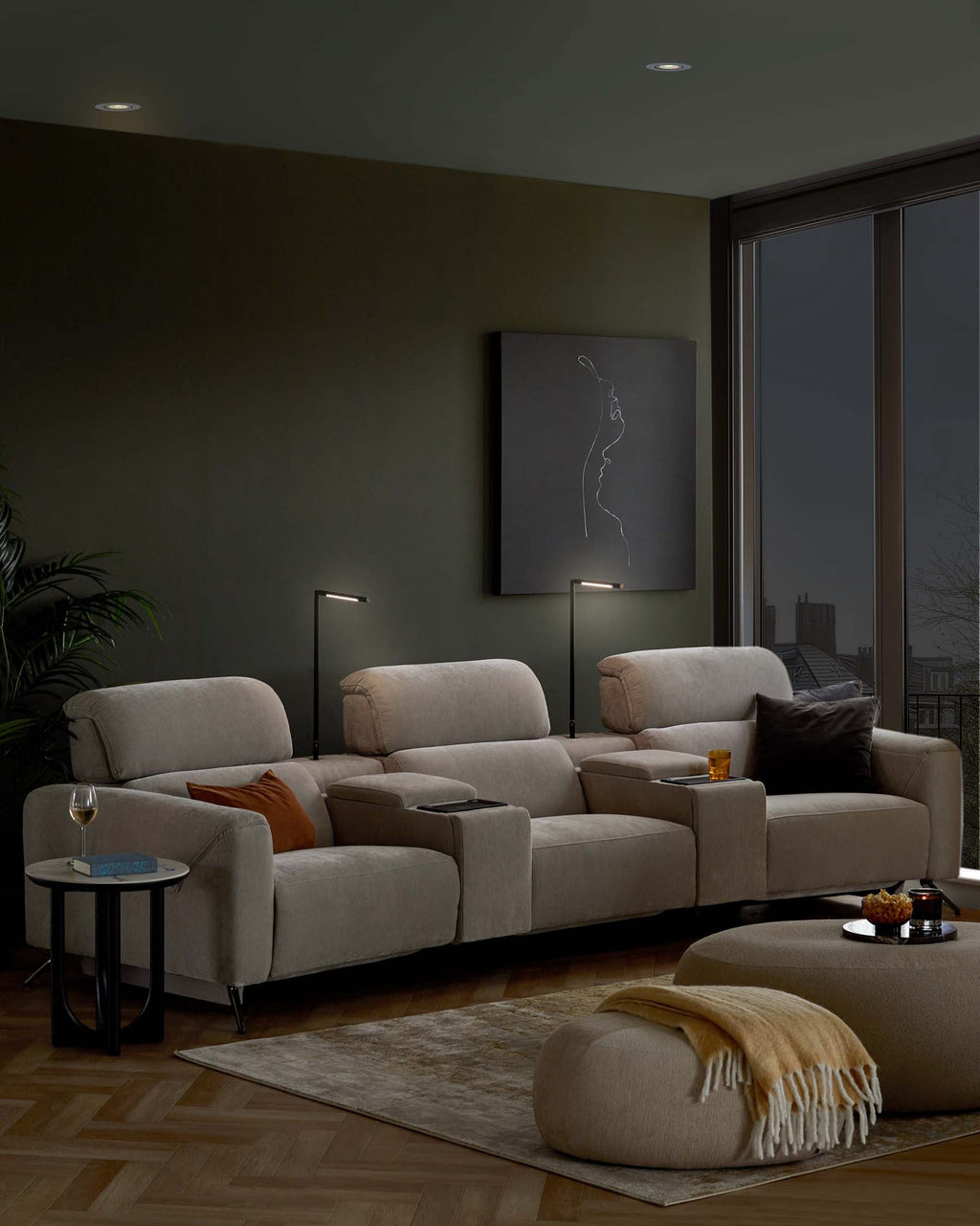 Kenzie light grey fabric recliner 3 seater sofa with console