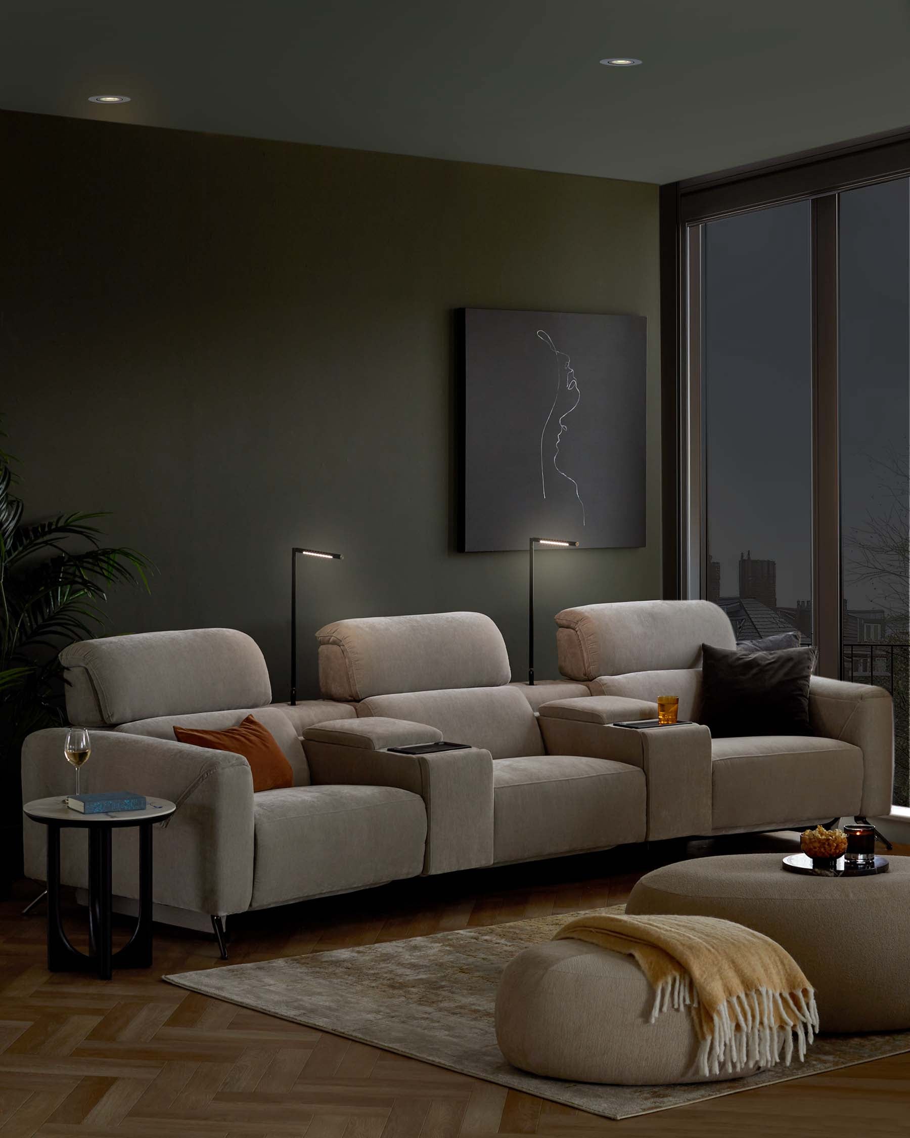 Kenzie light grey fabric recliner 3 seater sofa with console