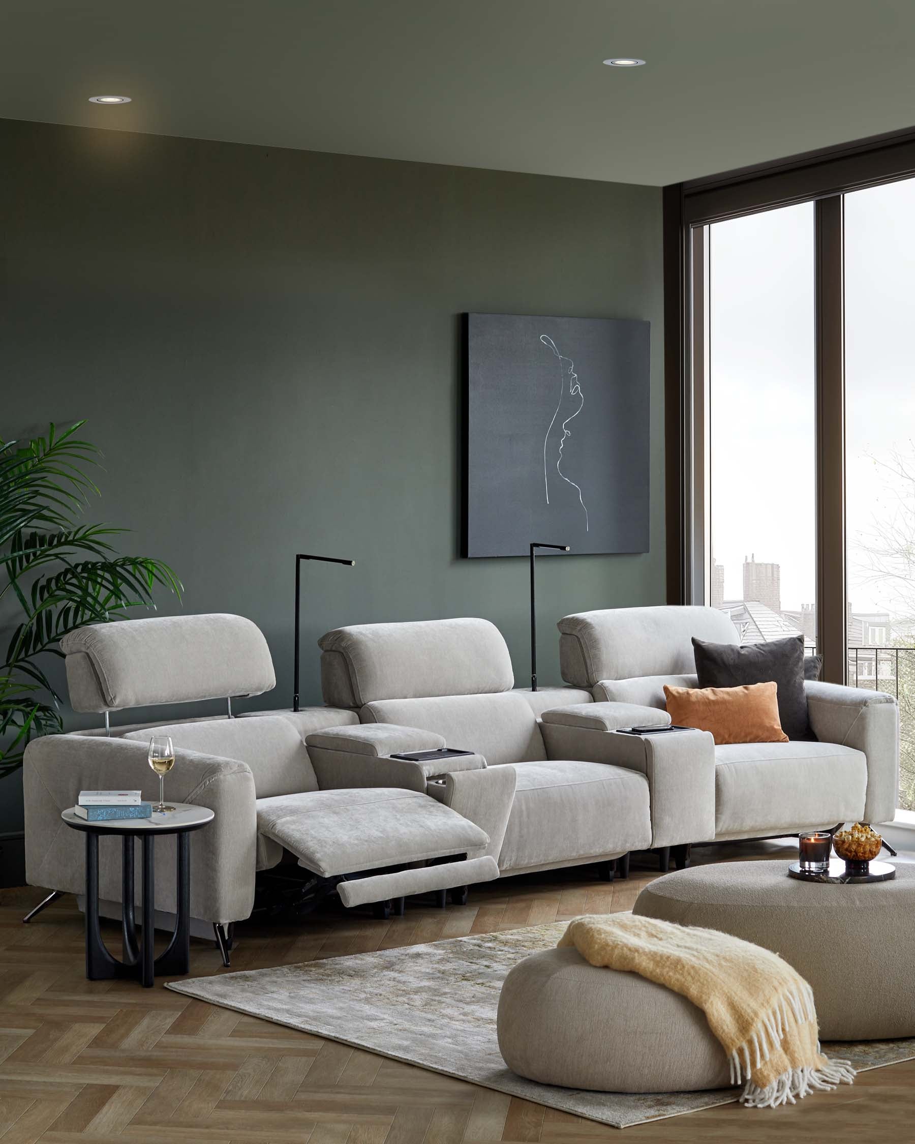 Kenzie light grey fabric recliner 3 seater sofa with console