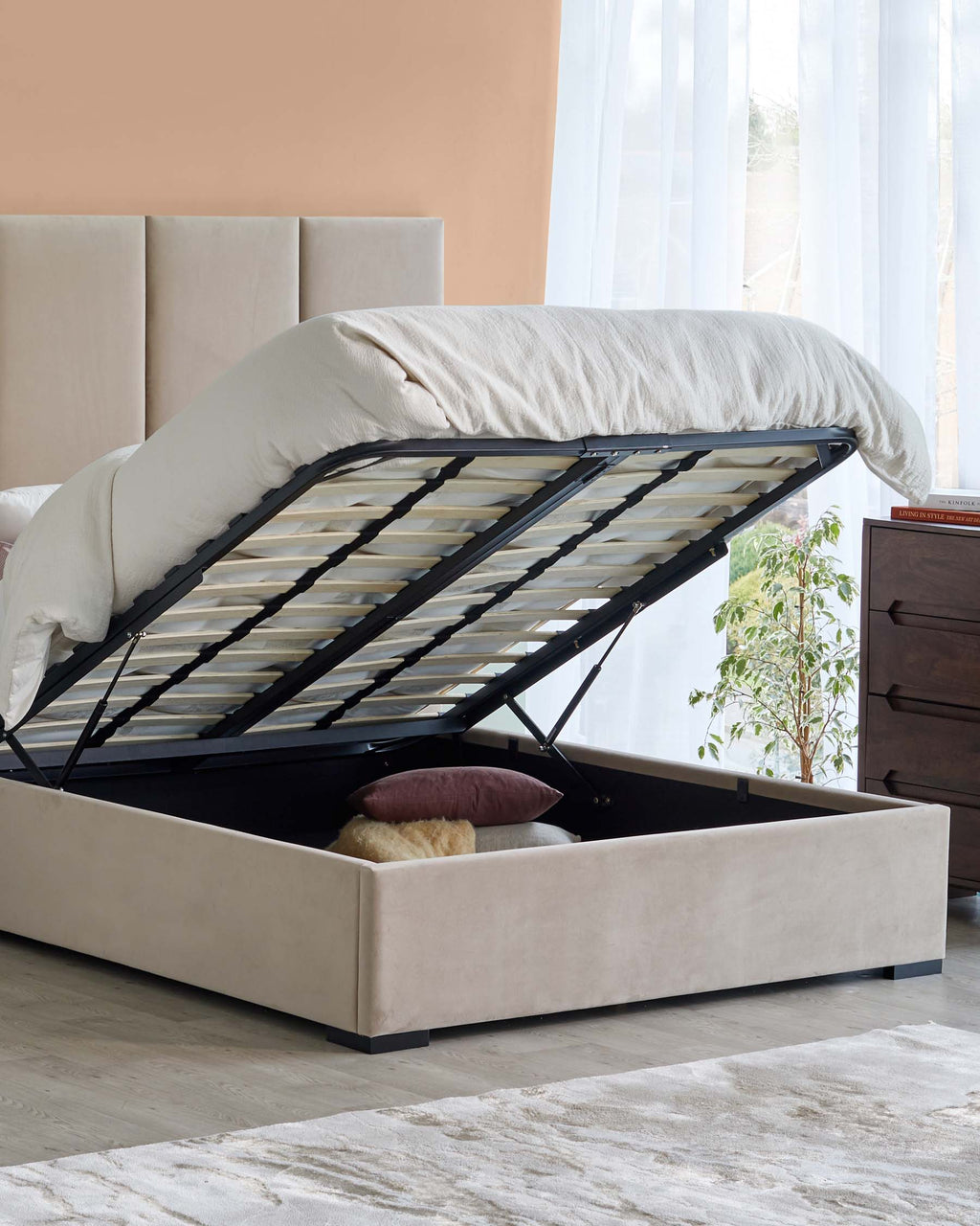 Penelope champagne recycled velvet king size ottoman bed with 3 panel headboard