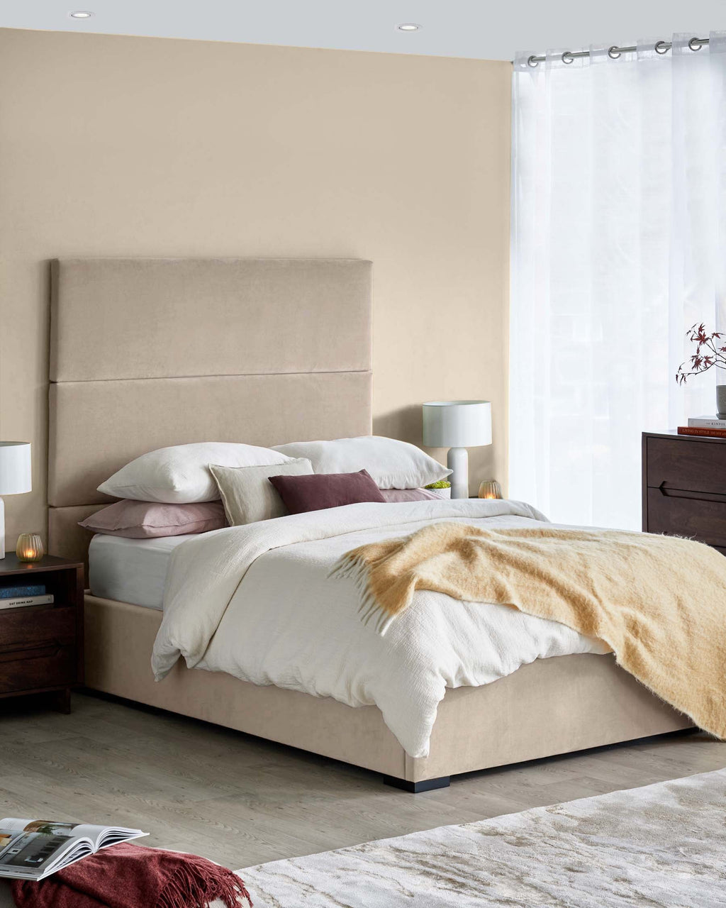 Penelope champagne recycled velvet king size ottoman bed with 3 panel headboard