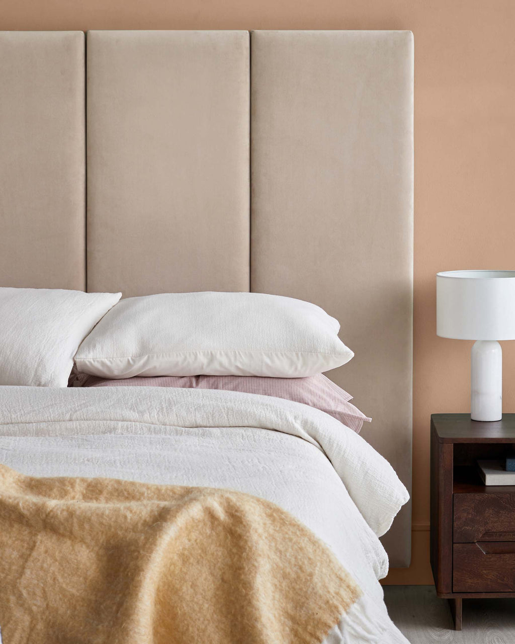 Penelope champagne recycled velvet king size ottoman bed with 4 panel headboard