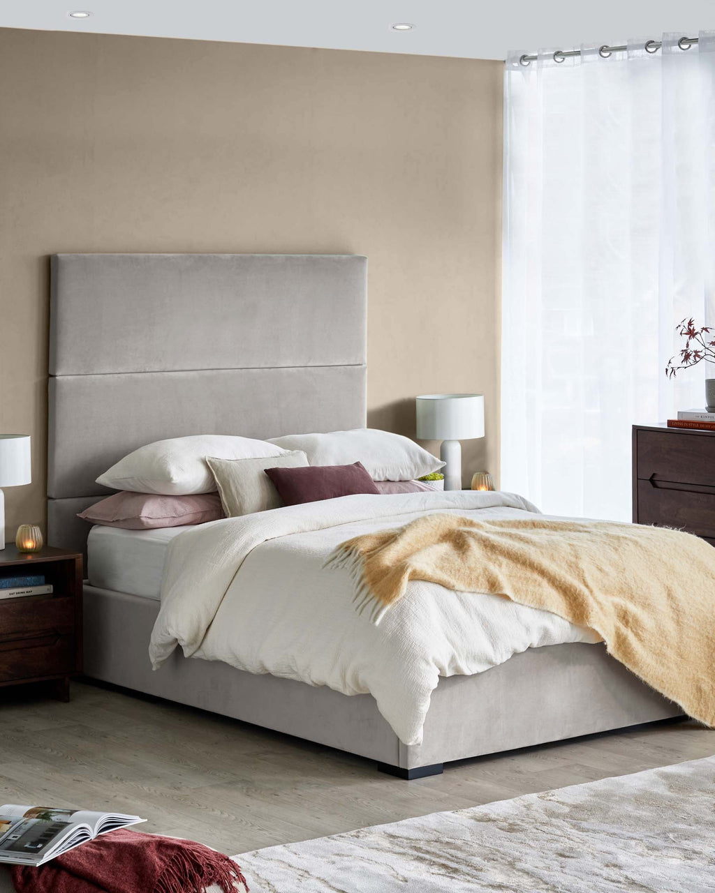 Penelope light grey velvet king size ottoman bed with 3 panel headboard