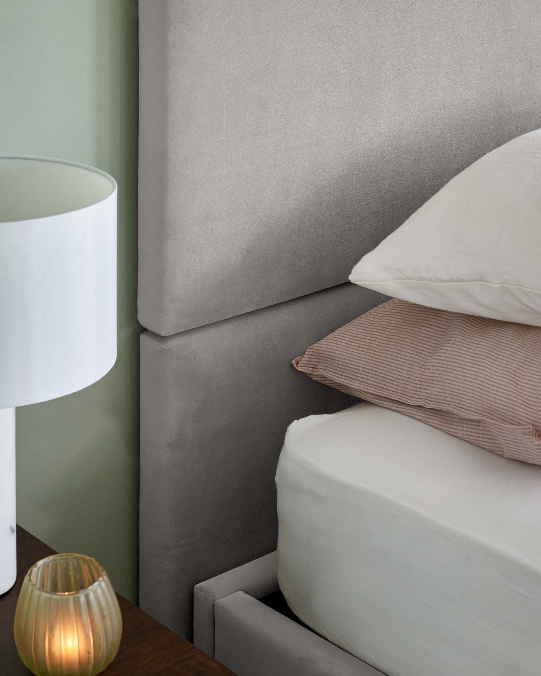 Penelope light grey recycled velvet super king ottoman bed with 4 panel headboard