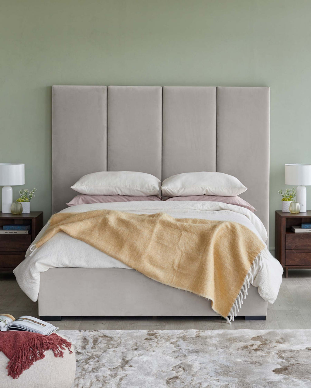 Penelope light grey recycled velvet super king ottoman bed with 4 panel headboard