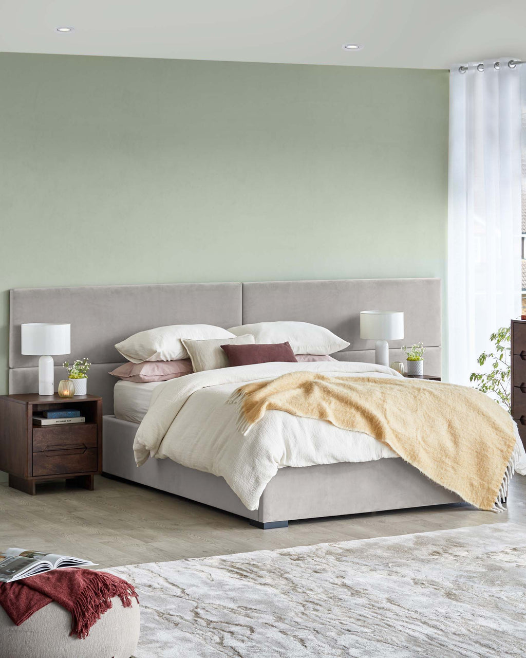 Penelope light grey recycled velvet super king ottoman bed with 4 panel headboard