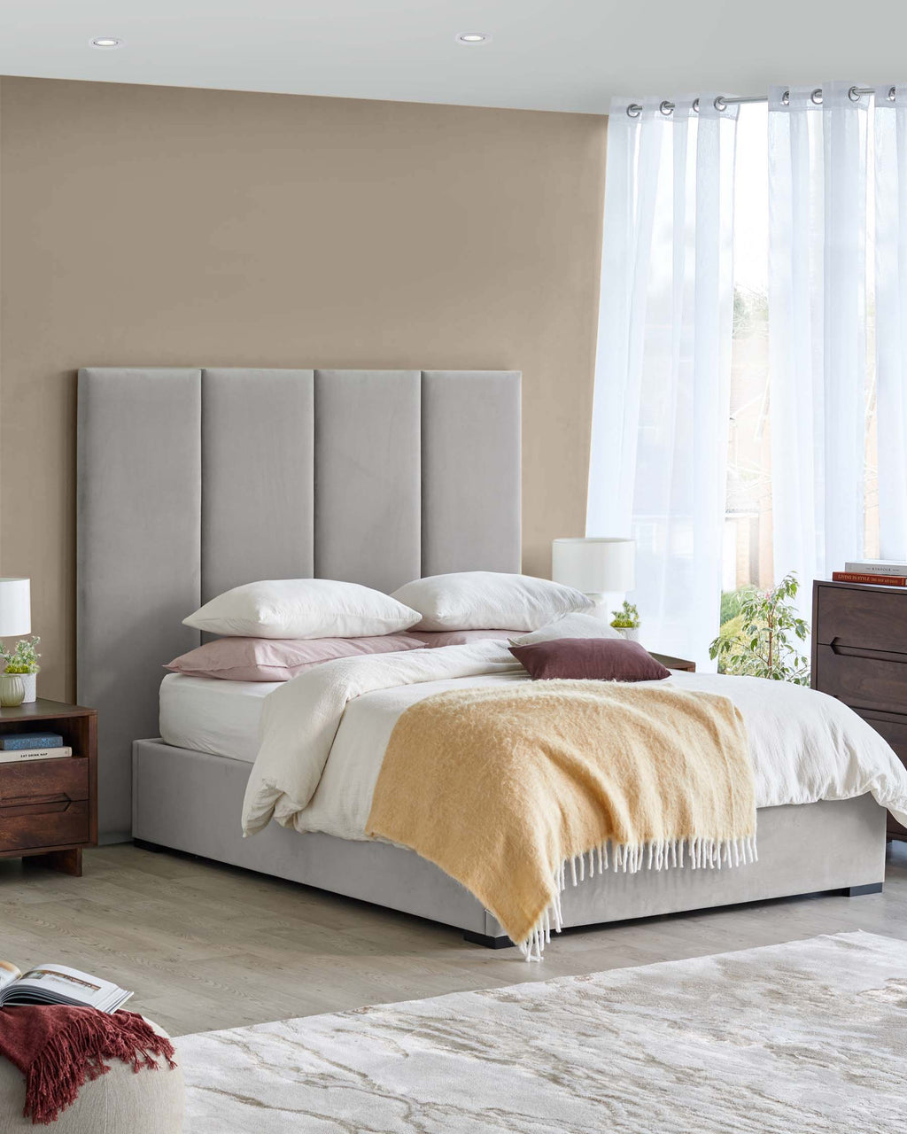 Penelope light grey recycled velvet super king ottoman bed with 4 panel headboard